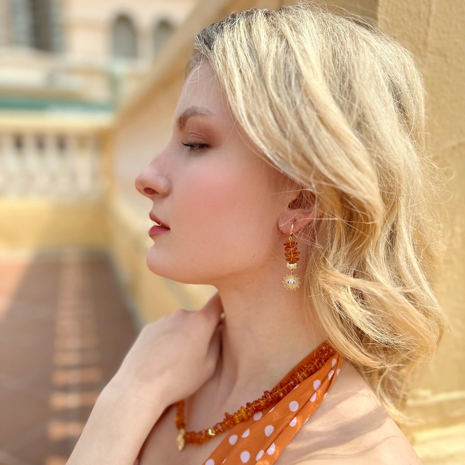 Natural Amber With Evil Eye Dangle Clip-On Earrings