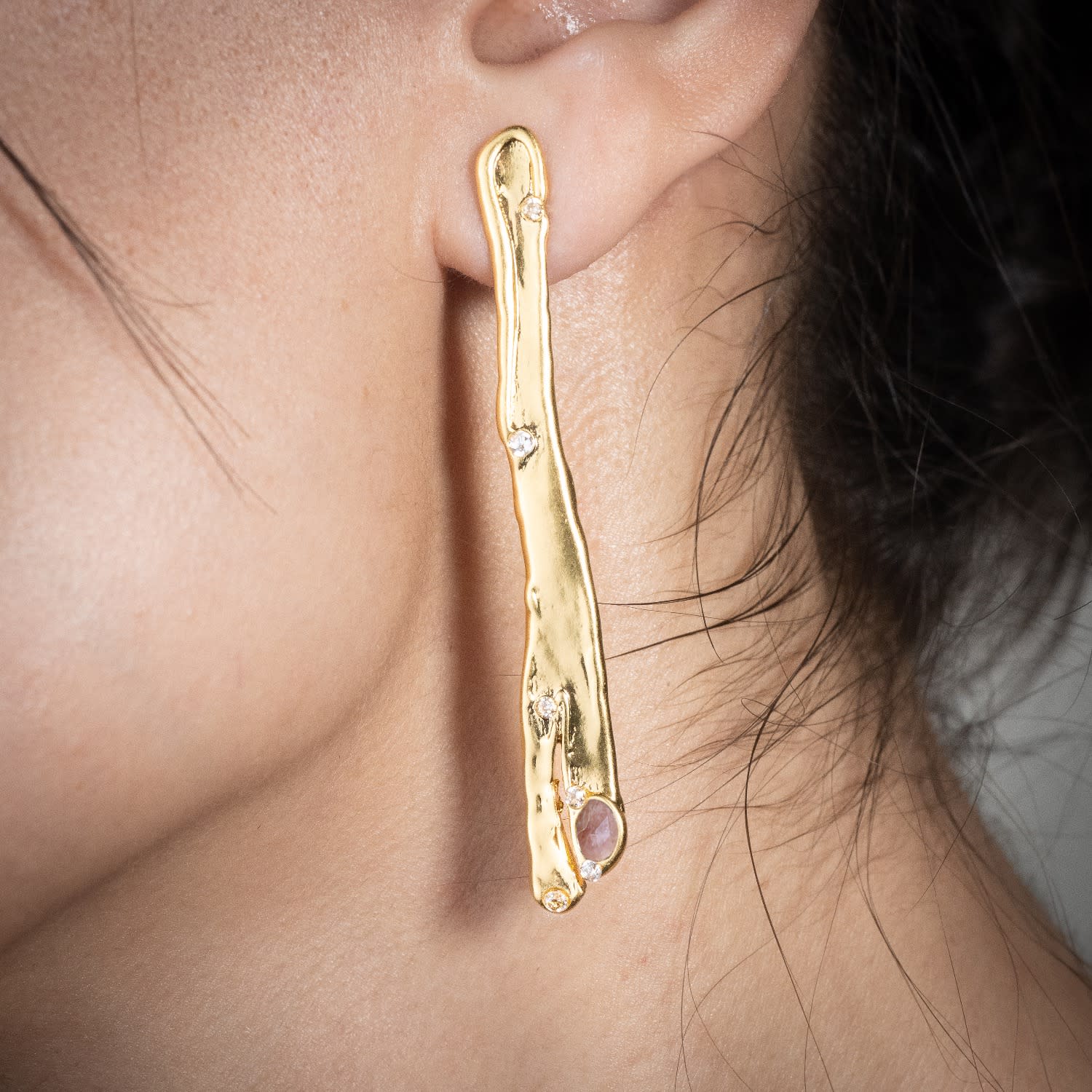 Natural Asymmetry Strawberry Quartz Linear Earrings