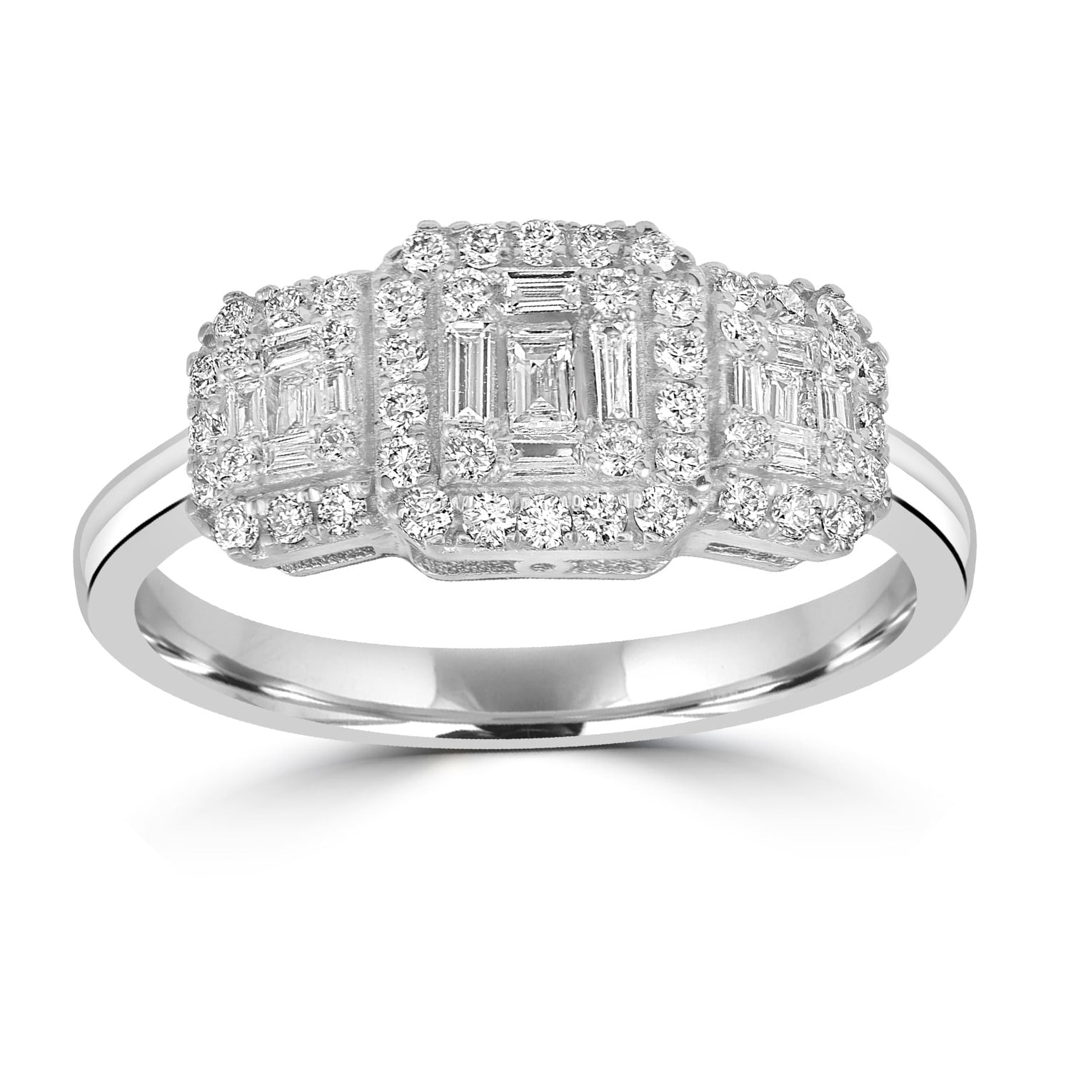 Triple Cluster Baguette And Round Diamond Ring In 18K White Gold
