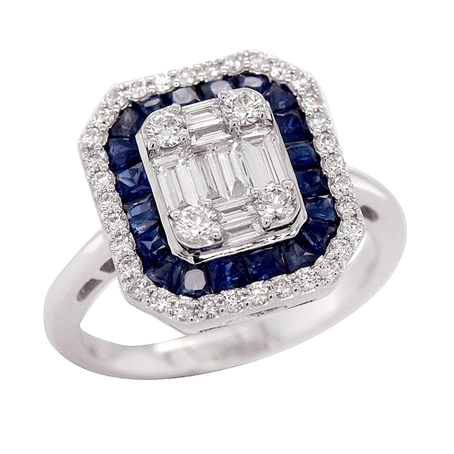 Natural Blue Sapphire & Diamond Cocktail Ring In 18K White Gold