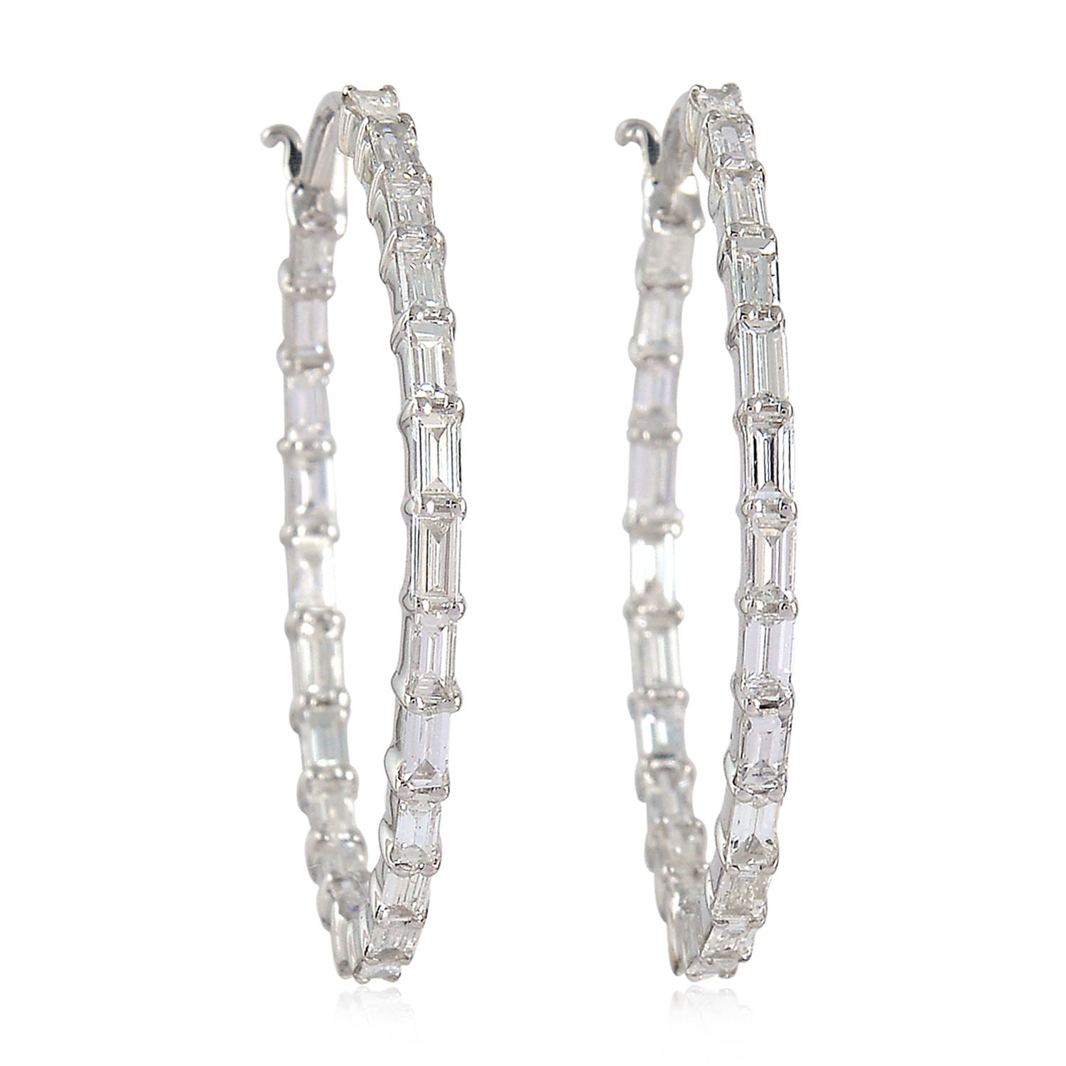 Natural Baguette Diamond Long Hoop Earrings In 18K White Gold