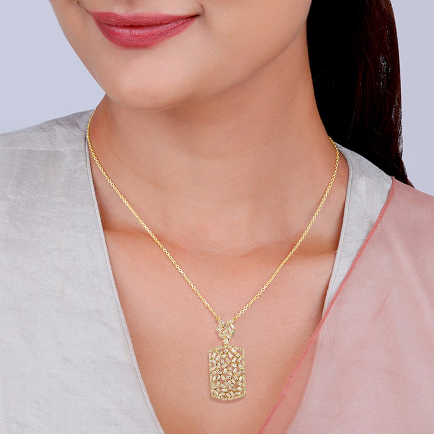 Natural Baguette Diamond In 18K Yellow Gold Choker Necklace