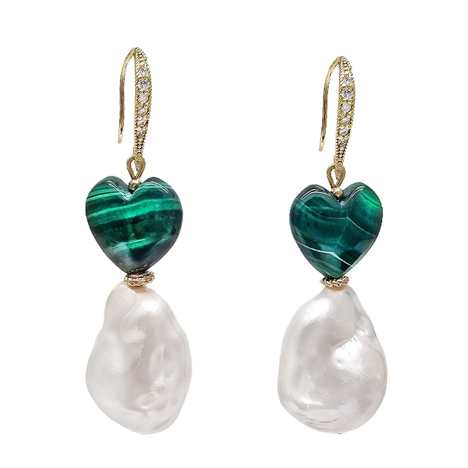 Natural Baroque Pearls With Heart Malachite Earrings