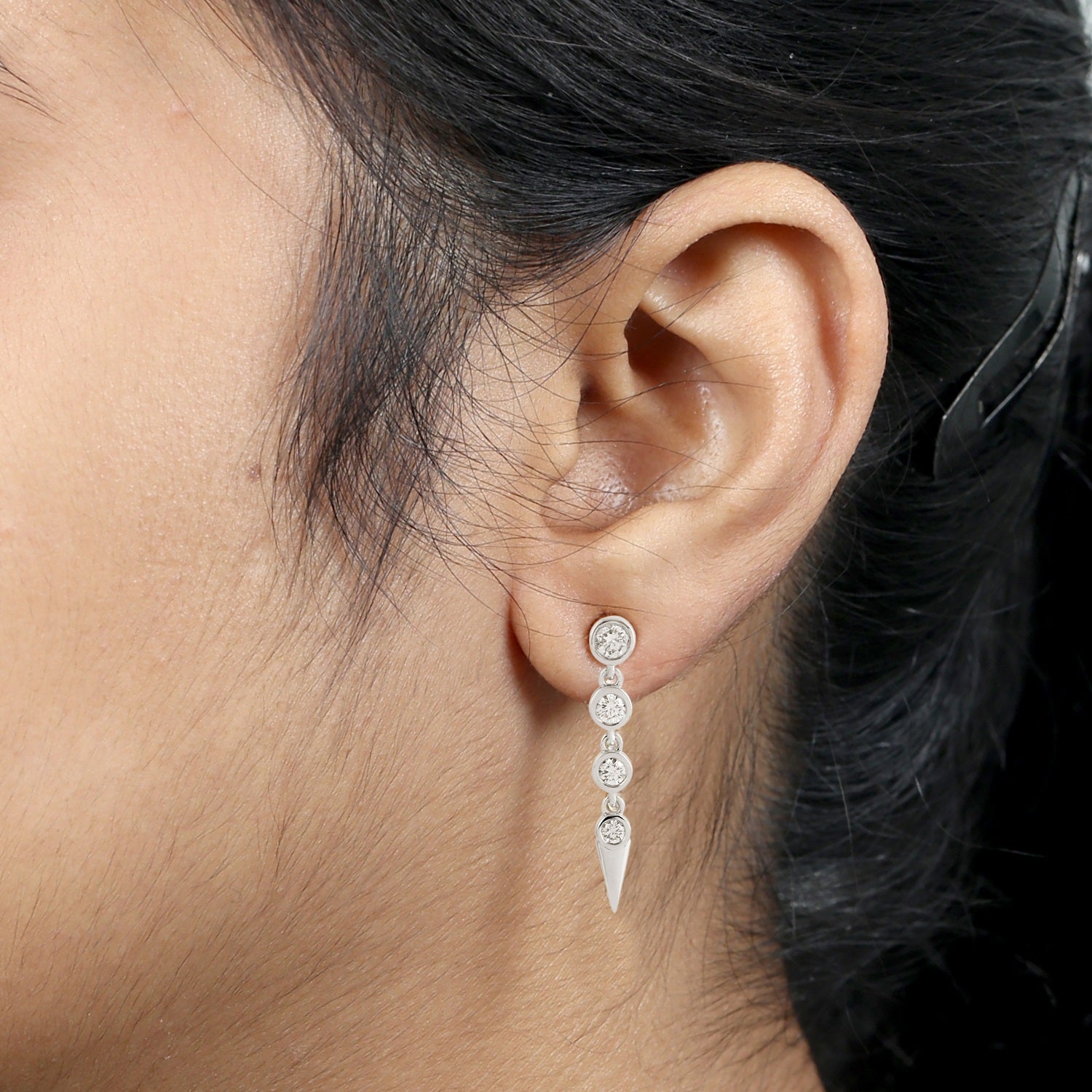 Natural Bezel Set Diamond 18k White Gold Spike Design Dangle Earrings