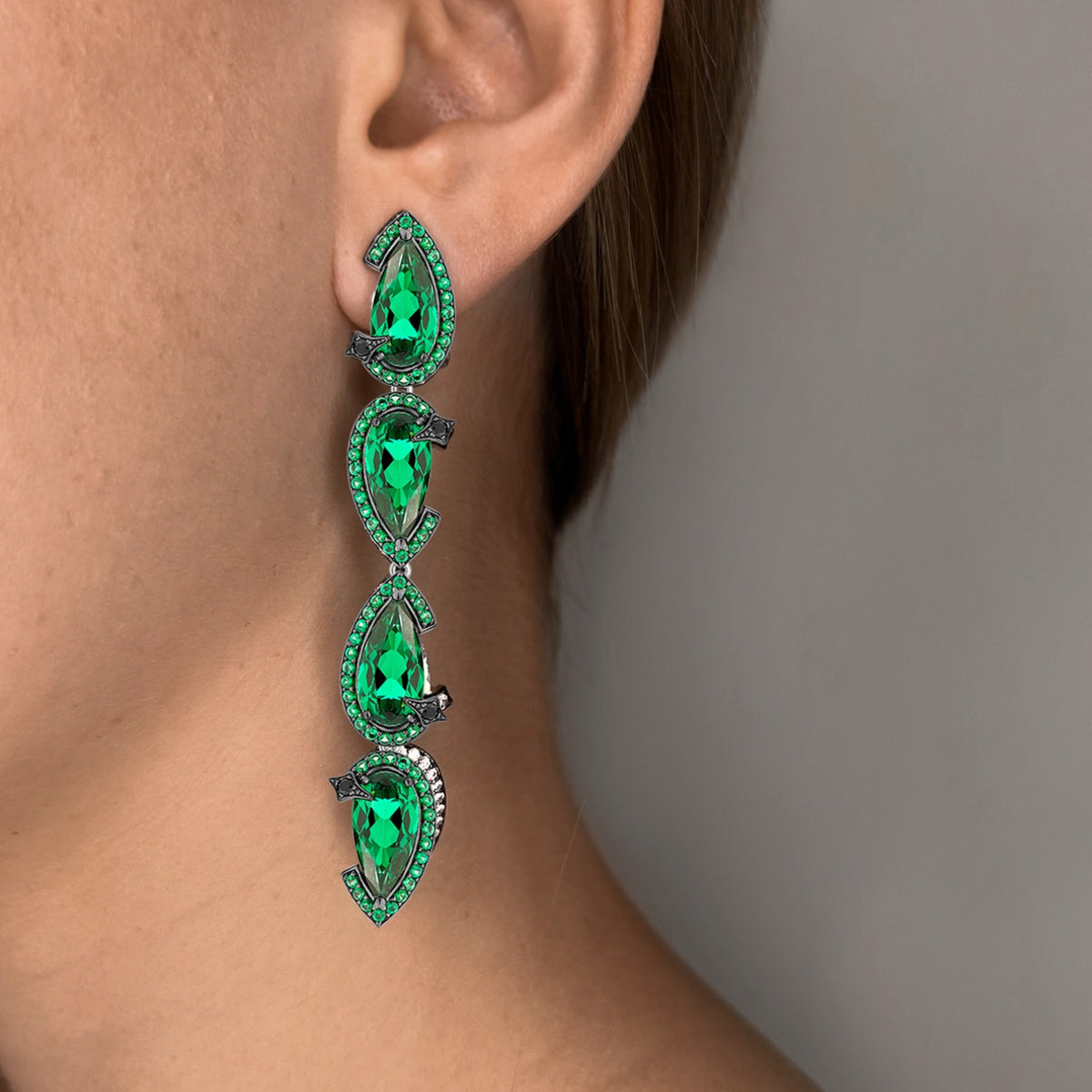 Nourish Drop Earrings With Natural Black Diamond & Emerald In Premium Black Rhodium