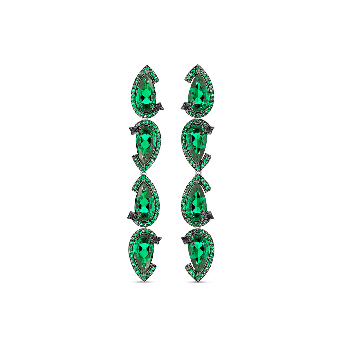 Nourish Drop Earrings With Natural Black Diamond & Emerald In Premium Black Rhodium