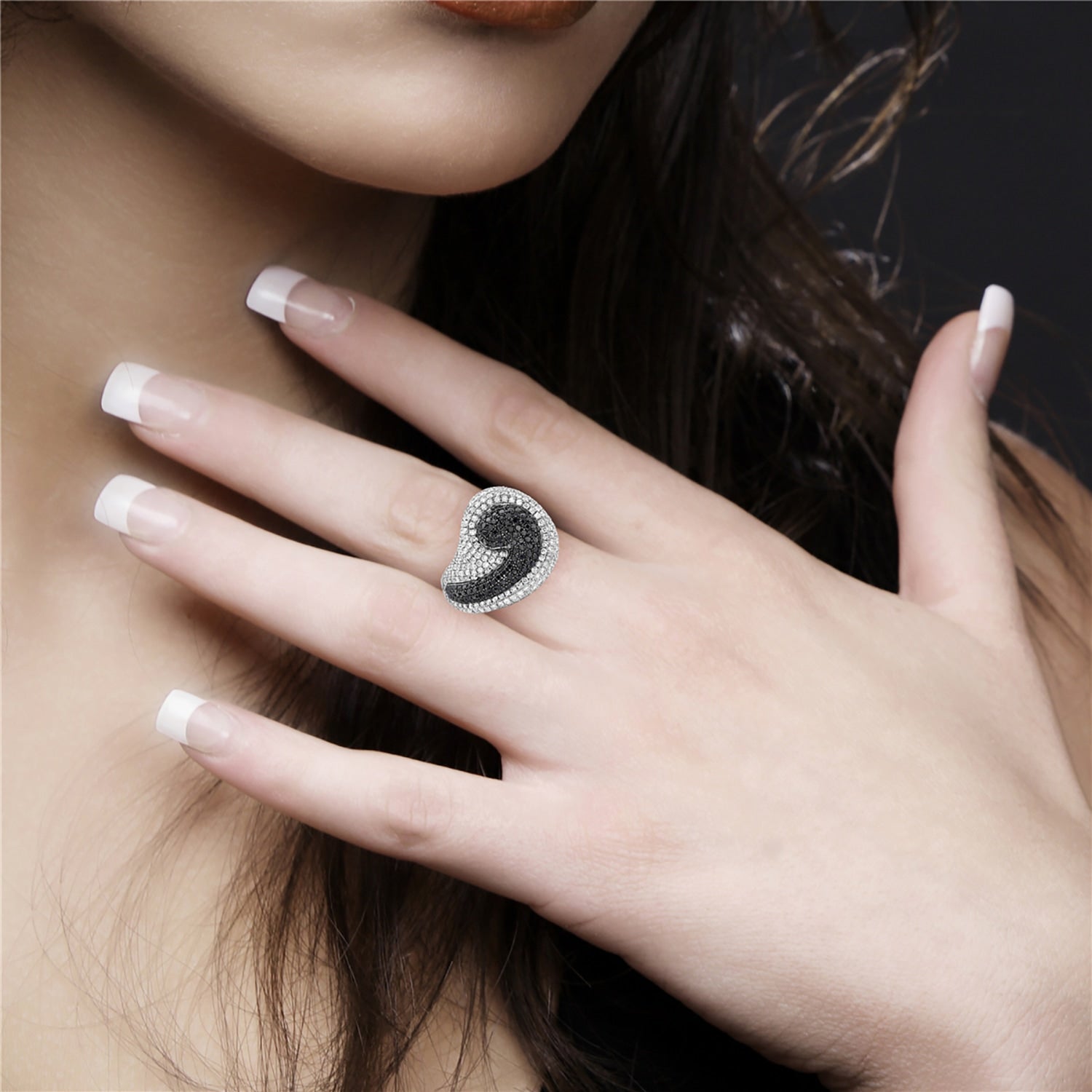 Natural Black & White Diamond Cocktail Ring In 18K White Gold