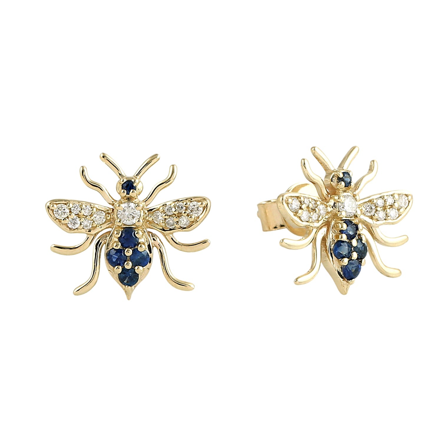 Natural Blue Sapphire & Diamond Bumble Bee Stud Earrings In Gold