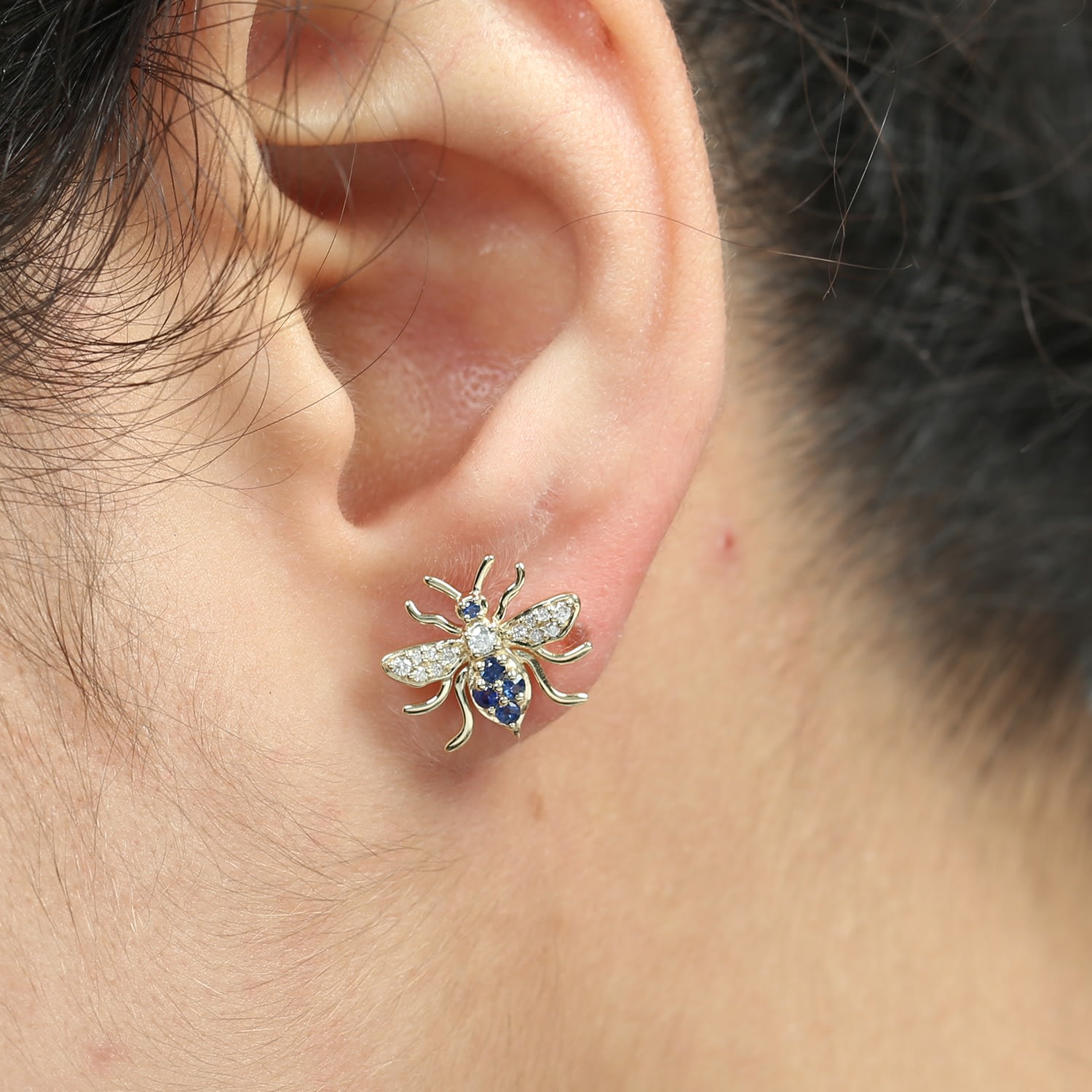 Natural Blue Sapphire & Diamond Bumble Bee Stud Earrings In Gold