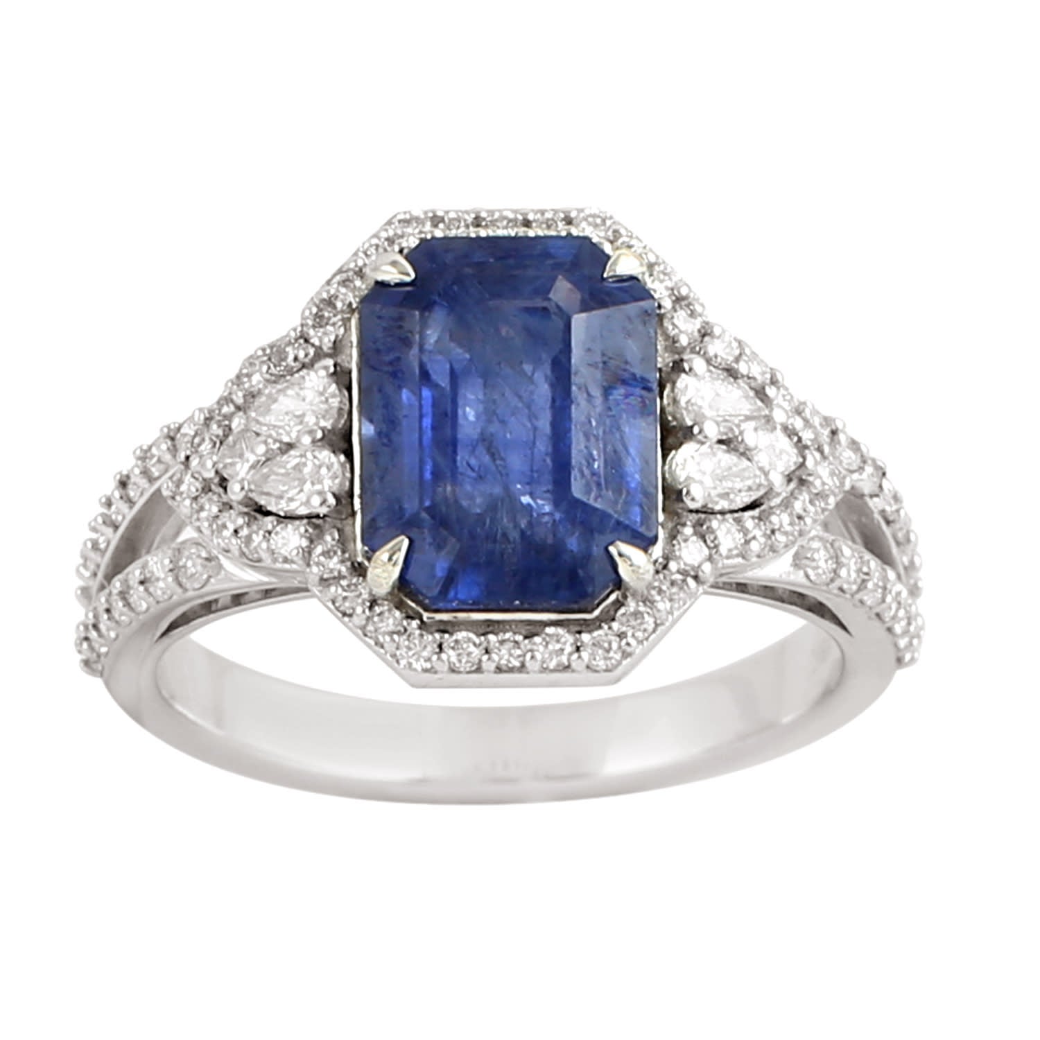 Natural Blue Sapphire & Diamond Cocktail Ring 18K In White Gold