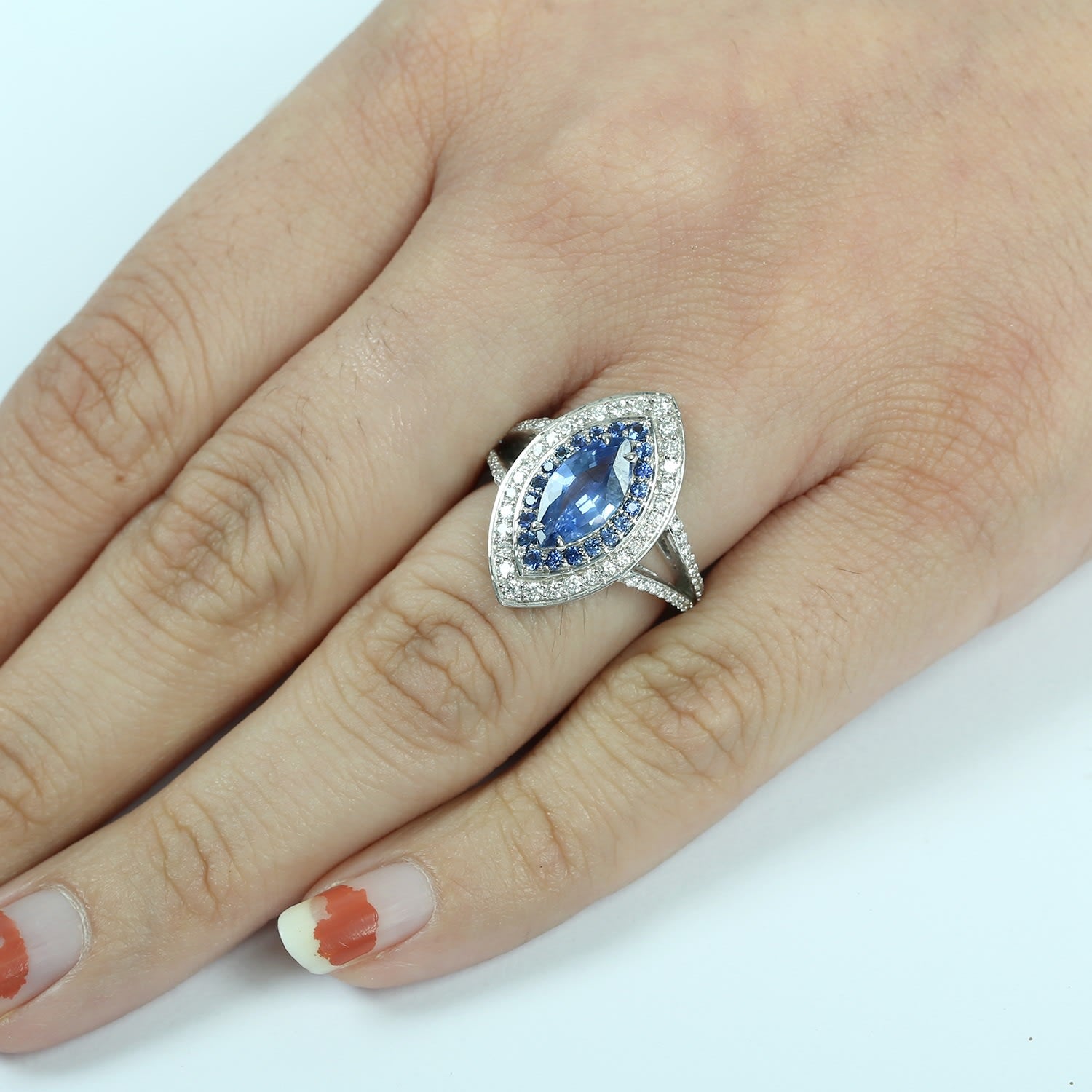 Natural Blue Sapphire & Diamond Cocktail Ring In White Gold