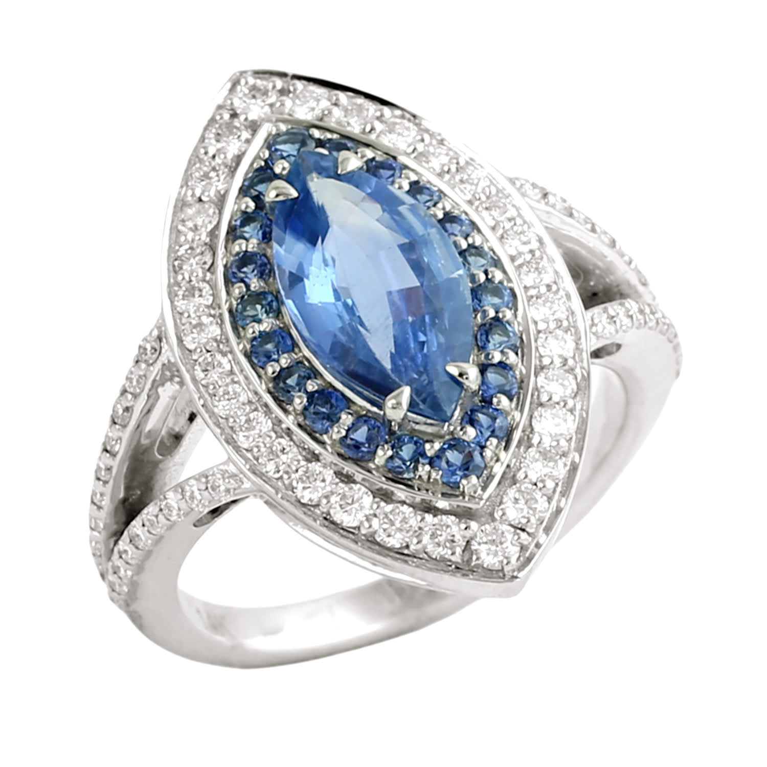 Natural Blue Sapphire & Diamond Cocktail Ring In White Gold