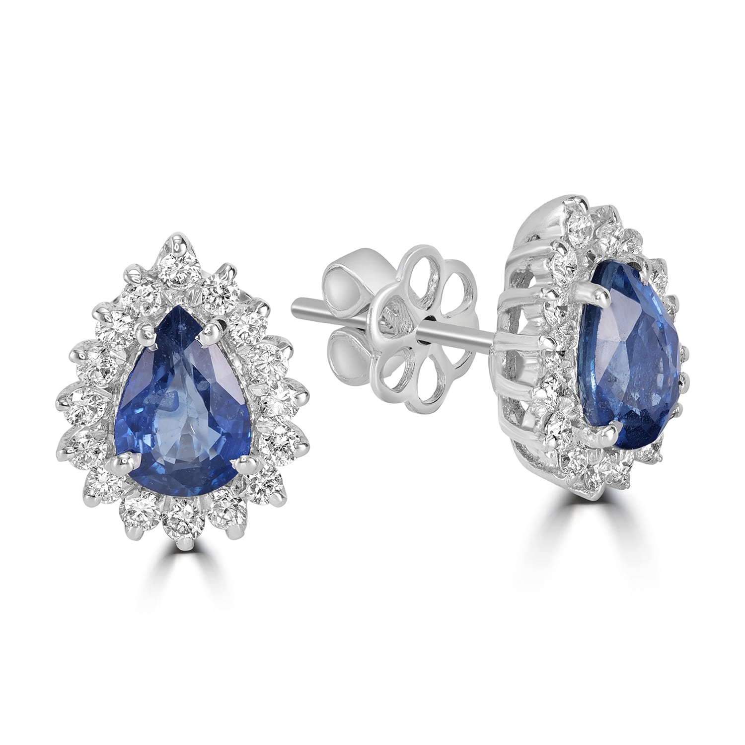 18K White Gold Sapphire And Diamond Floral Halo Stud Earrings