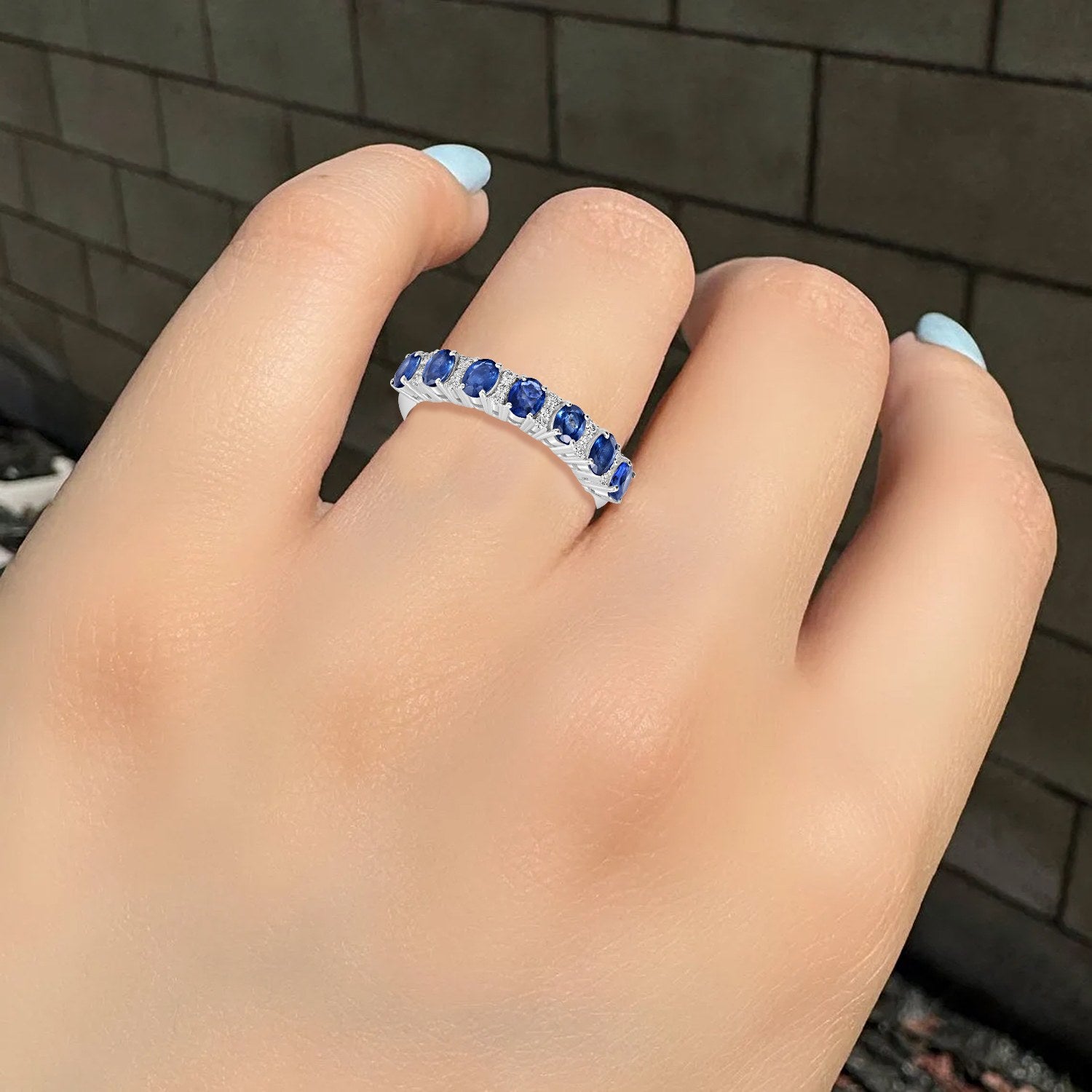 Natural Blue Sapphire & Diamond Eternity Band Ring In White Gold