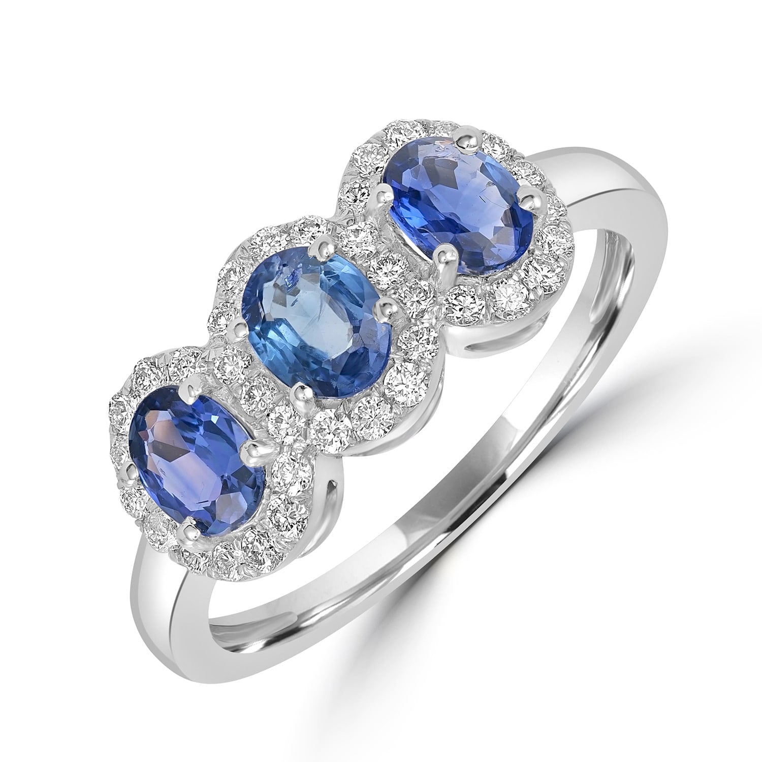 Triple Sapphire & Diamond Halo Ring – 18K White Gold