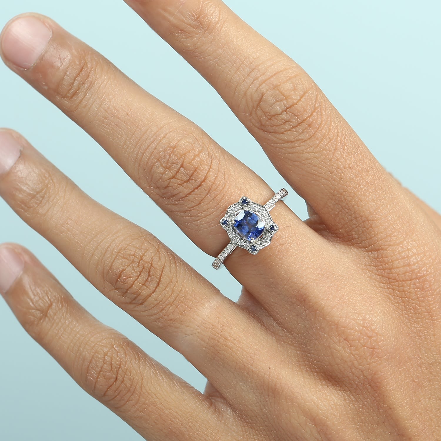 Natural Blue Sapphire Pave Diamond Cocktail Ring In 14K White Gold