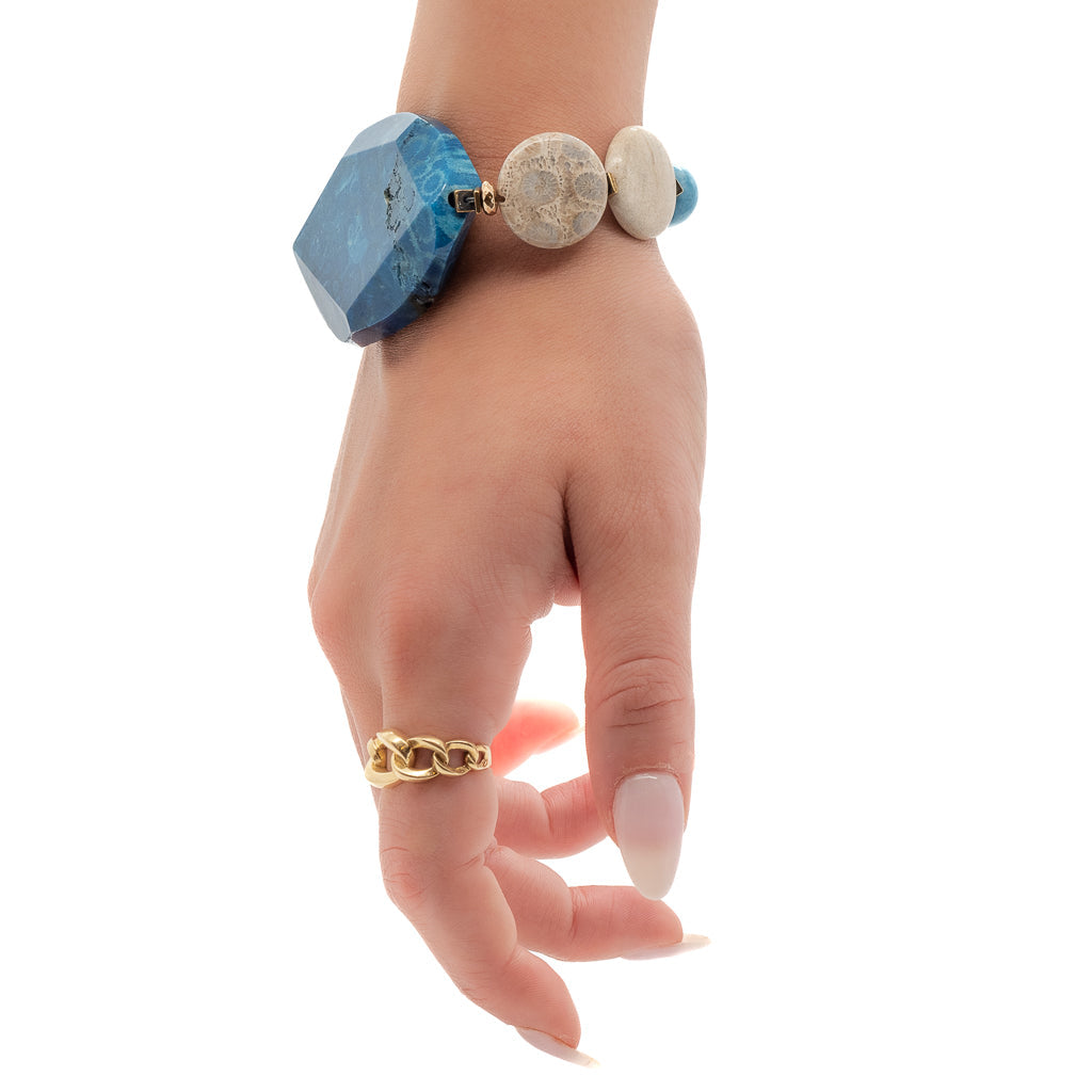 Natural Chunky Blue Agate Stone Jasper Beaded Bracelet - Blue