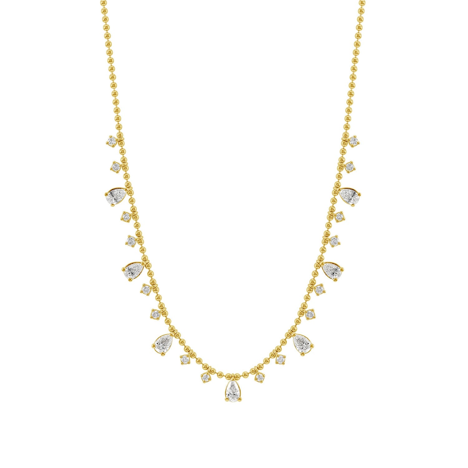 14K Gold Ball Chain Drop Necklace With Pear & Round Cut Diamonds