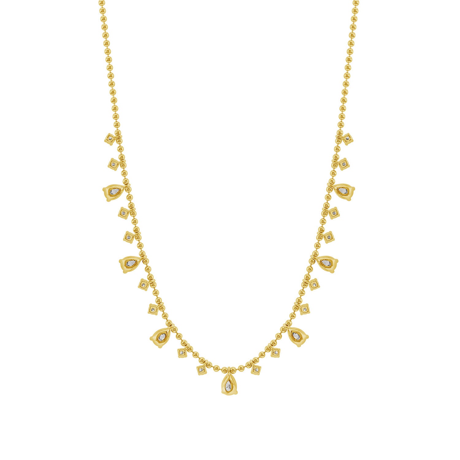 14K Gold Ball Chain Drop Necklace With Pear & Round Cut Diamonds