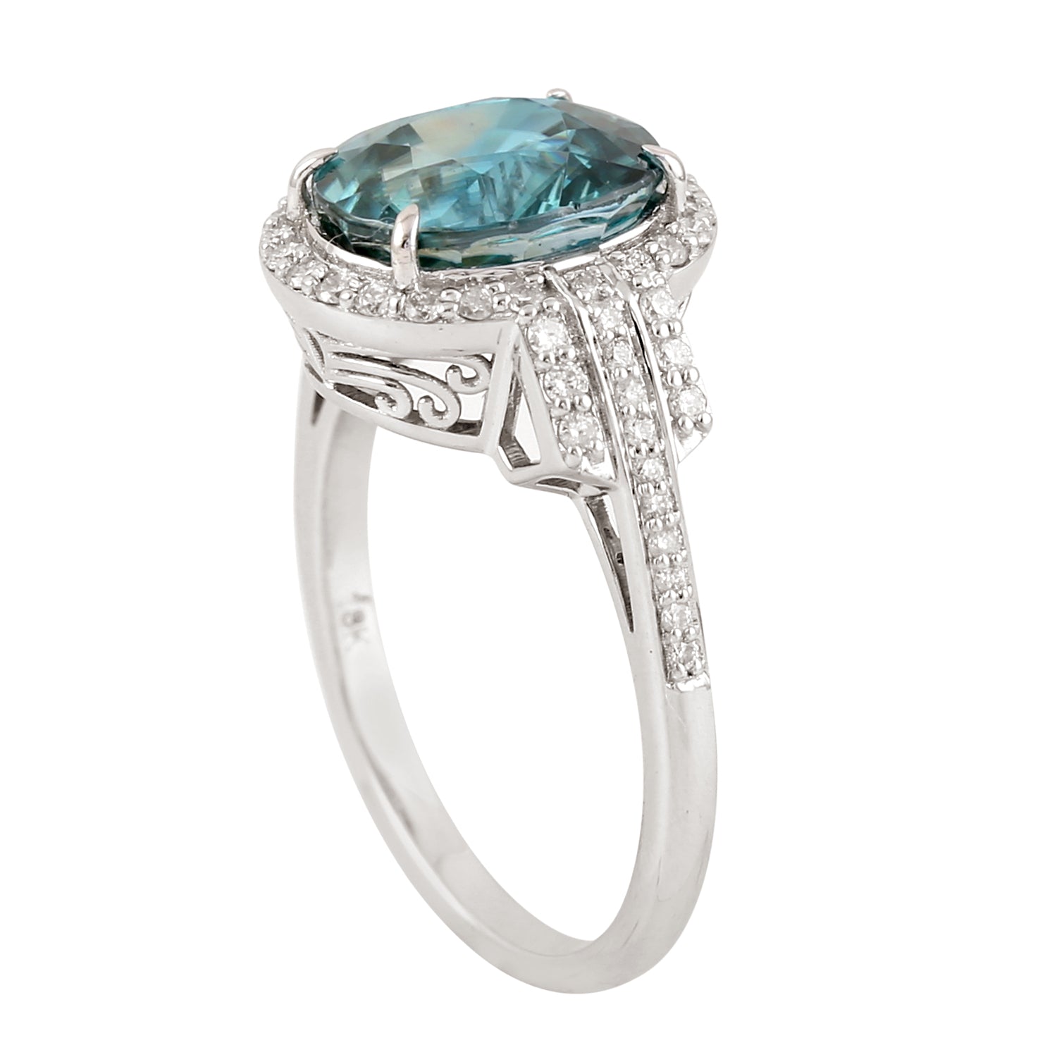 Natural Diamond Blue Zircon In 18k White Gold Cocktail Ring Handmade