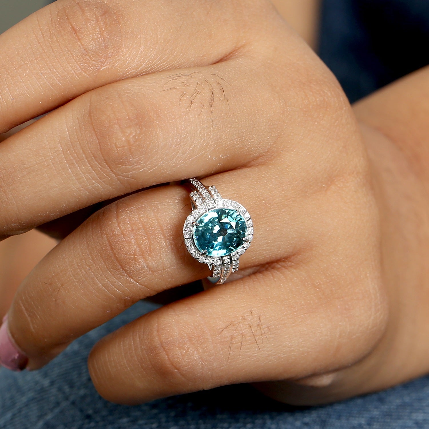 Natural Diamond Blue Zircon In 18k White Gold Cocktail Ring Handmade