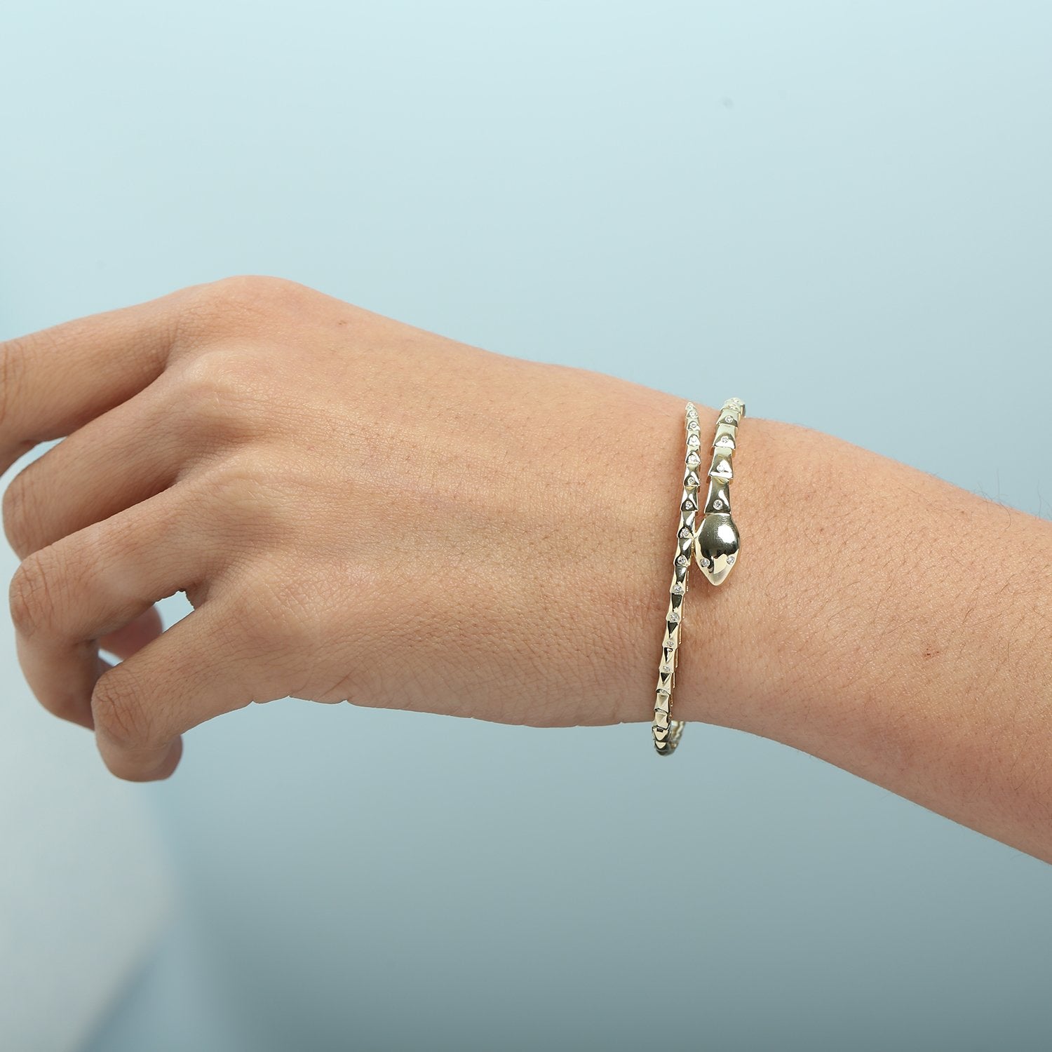 Natural Diamond Carved Snake Bangle In Yellow Gold