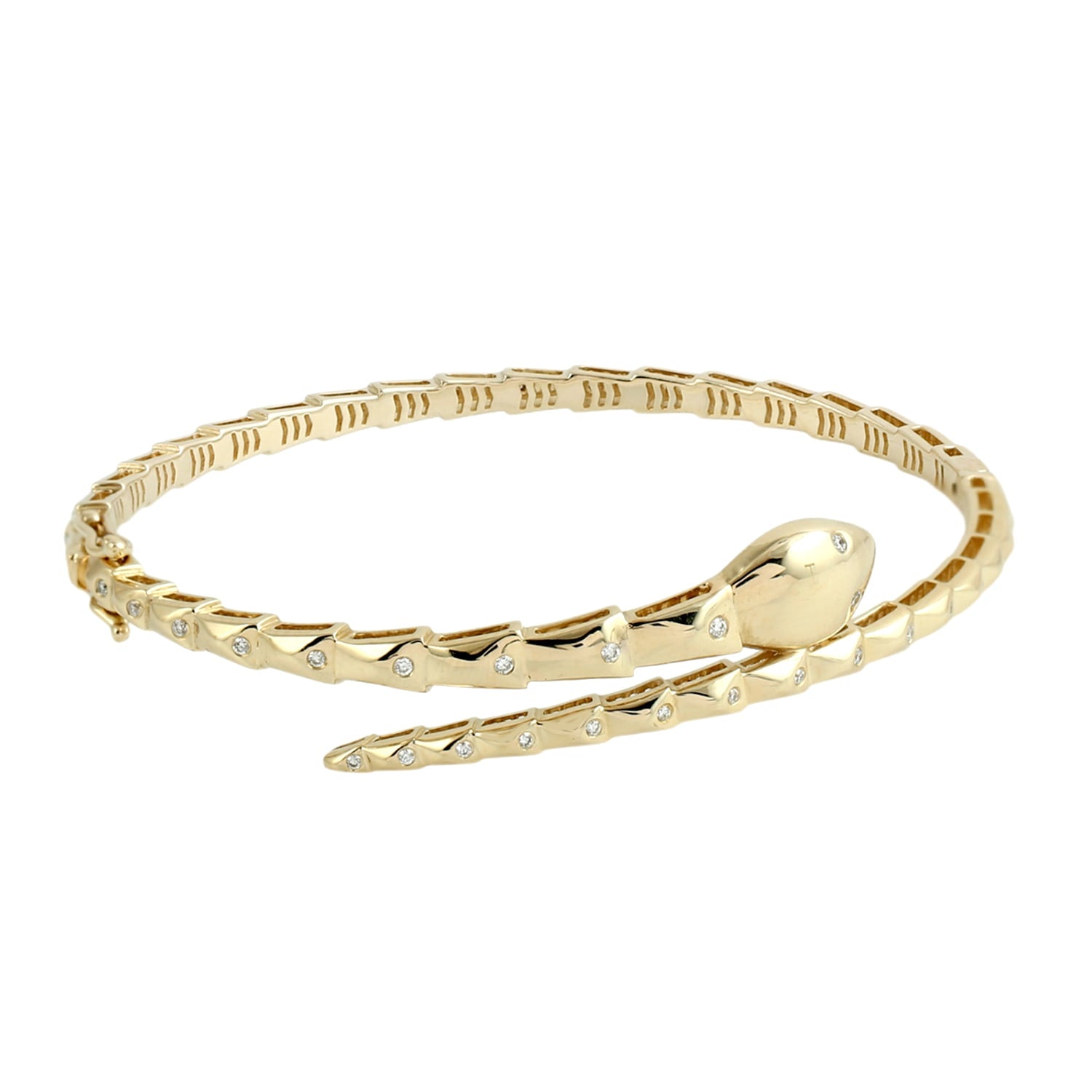Natural Diamond Carved Snake Bangle In Yellow Gold