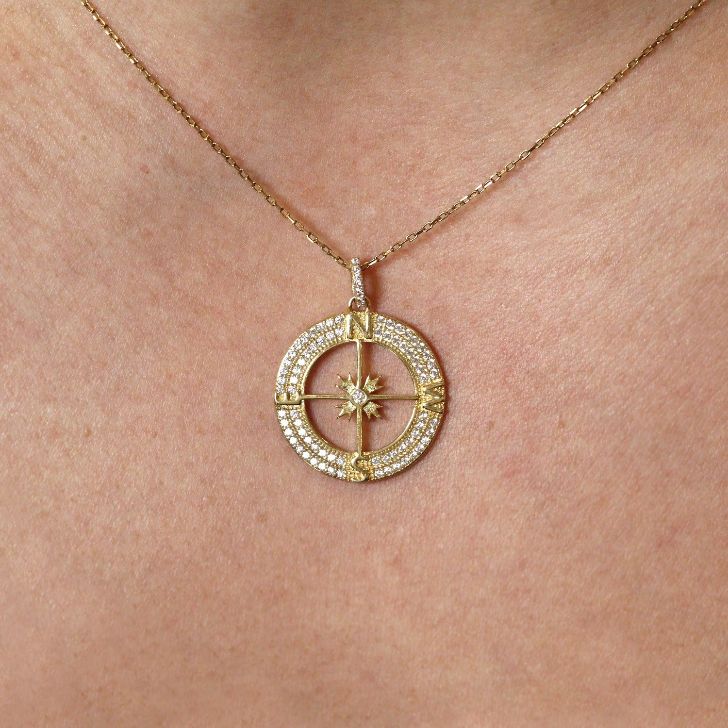 Natural Diamond Compasses Charm Gold Necklace