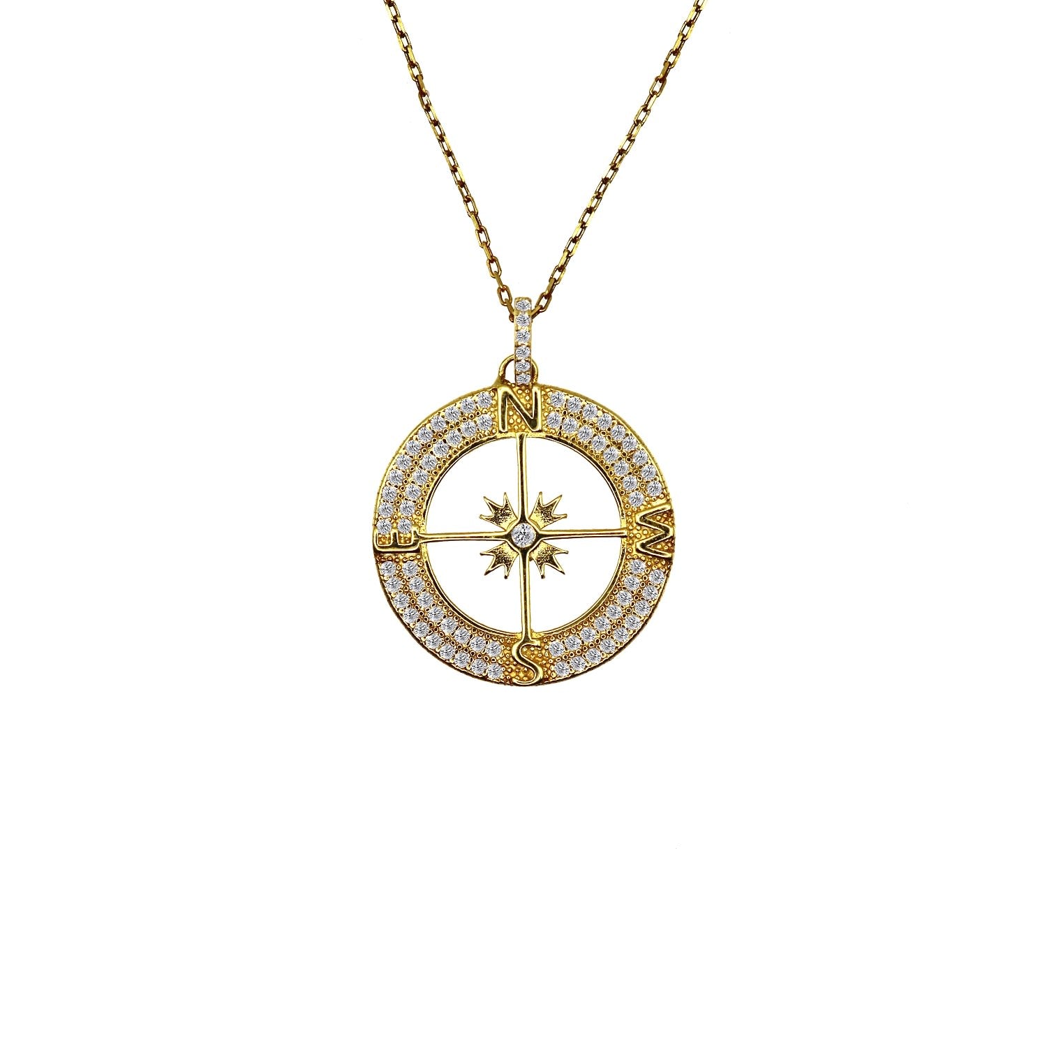 Natural Diamond Compasses Charm Gold Necklace
