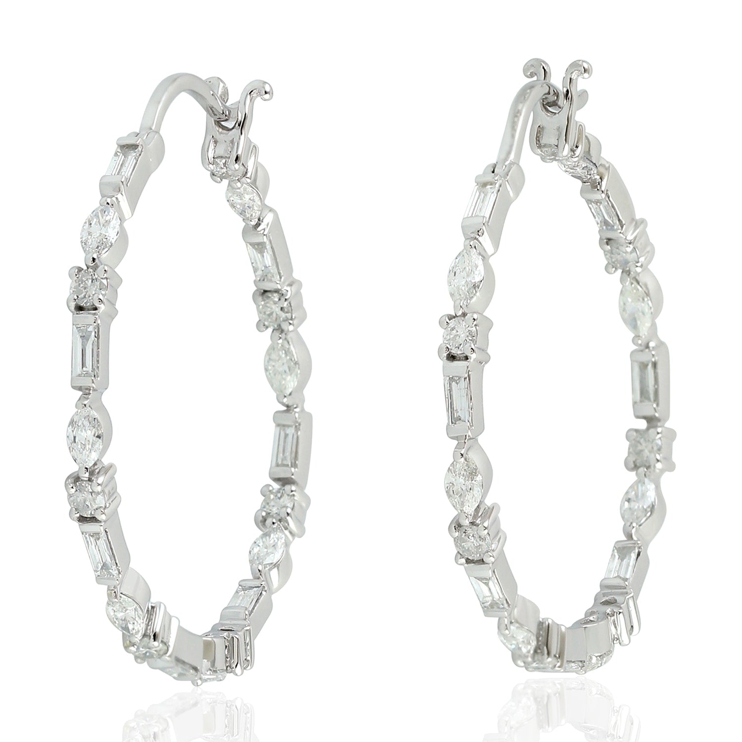 Natural Diamond Hoop Earrings In 18K White Gold