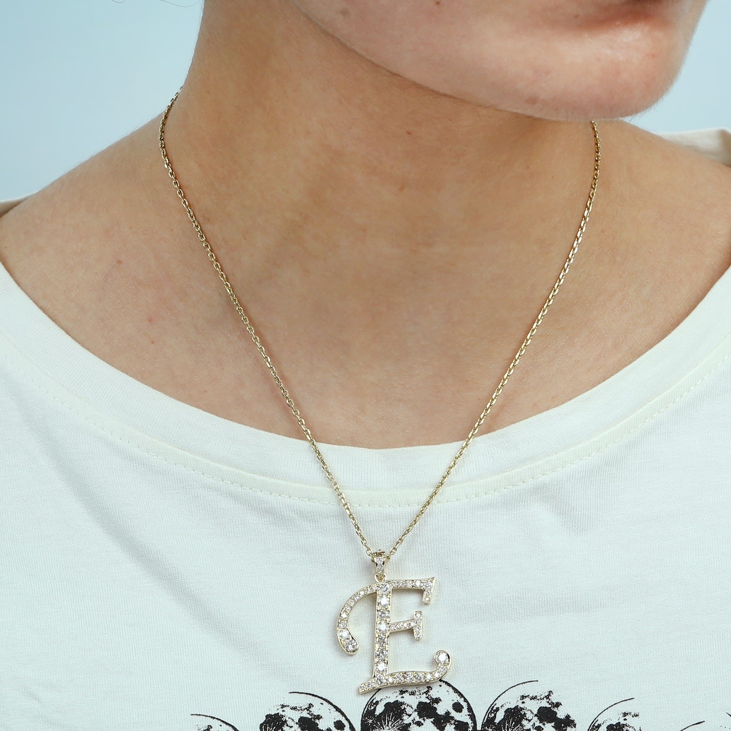 Natural Diamond "E" Initial Alphabet Pendant In Yellow Gold