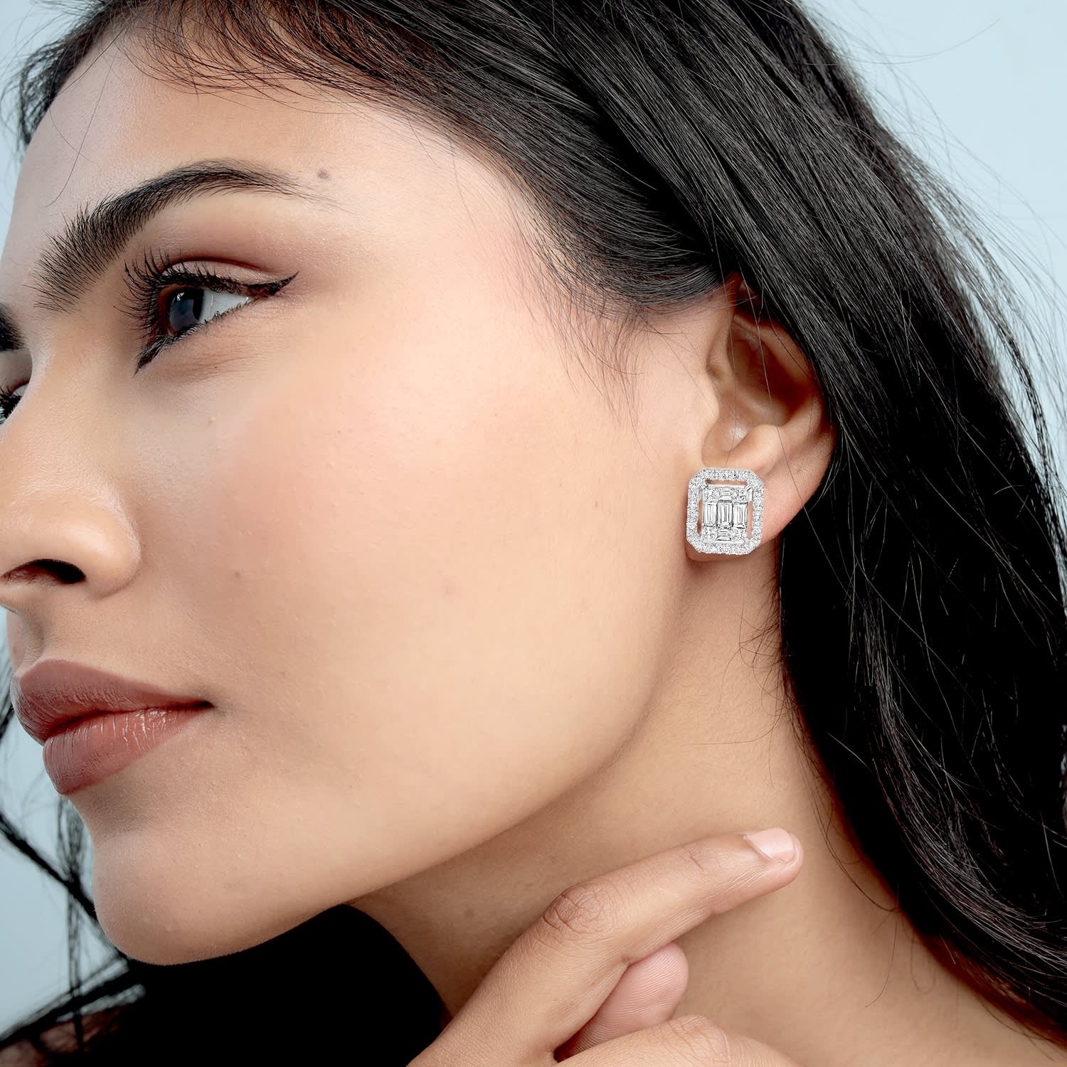Natural Diamond Emerald Design Stud Earrings In White Gold