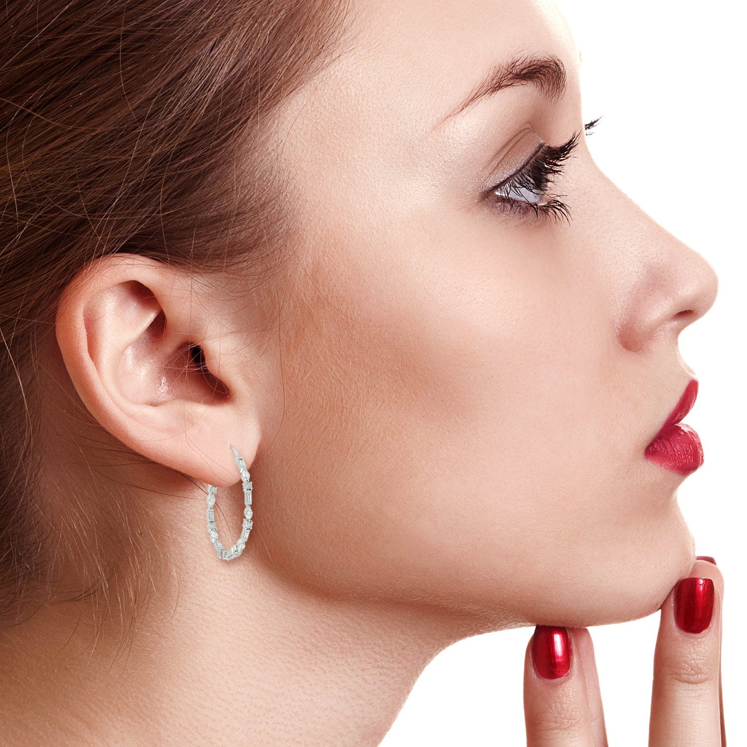 Natural Diamond Hoop Earrings In 18K White Gold