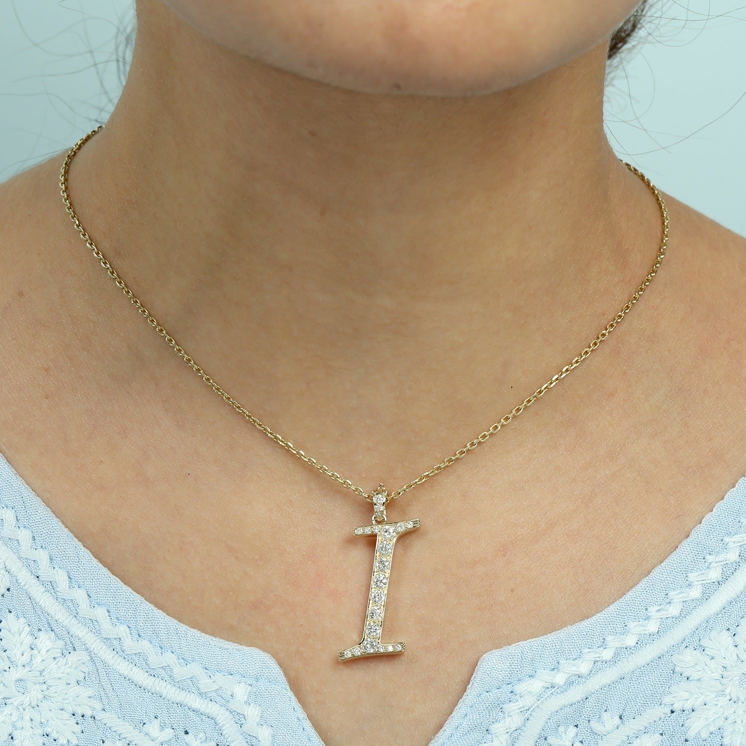 Natural Diamond "I" Initial Pendant In 18K Yellow Gold