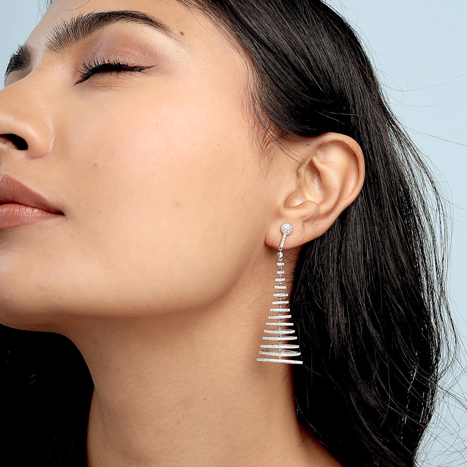 Natural Diamond Spiral Dangle Earrings In White Gold