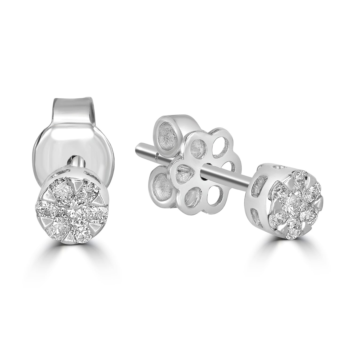 Floral Diamond Cluster Stud Earrings In 18K White Gold