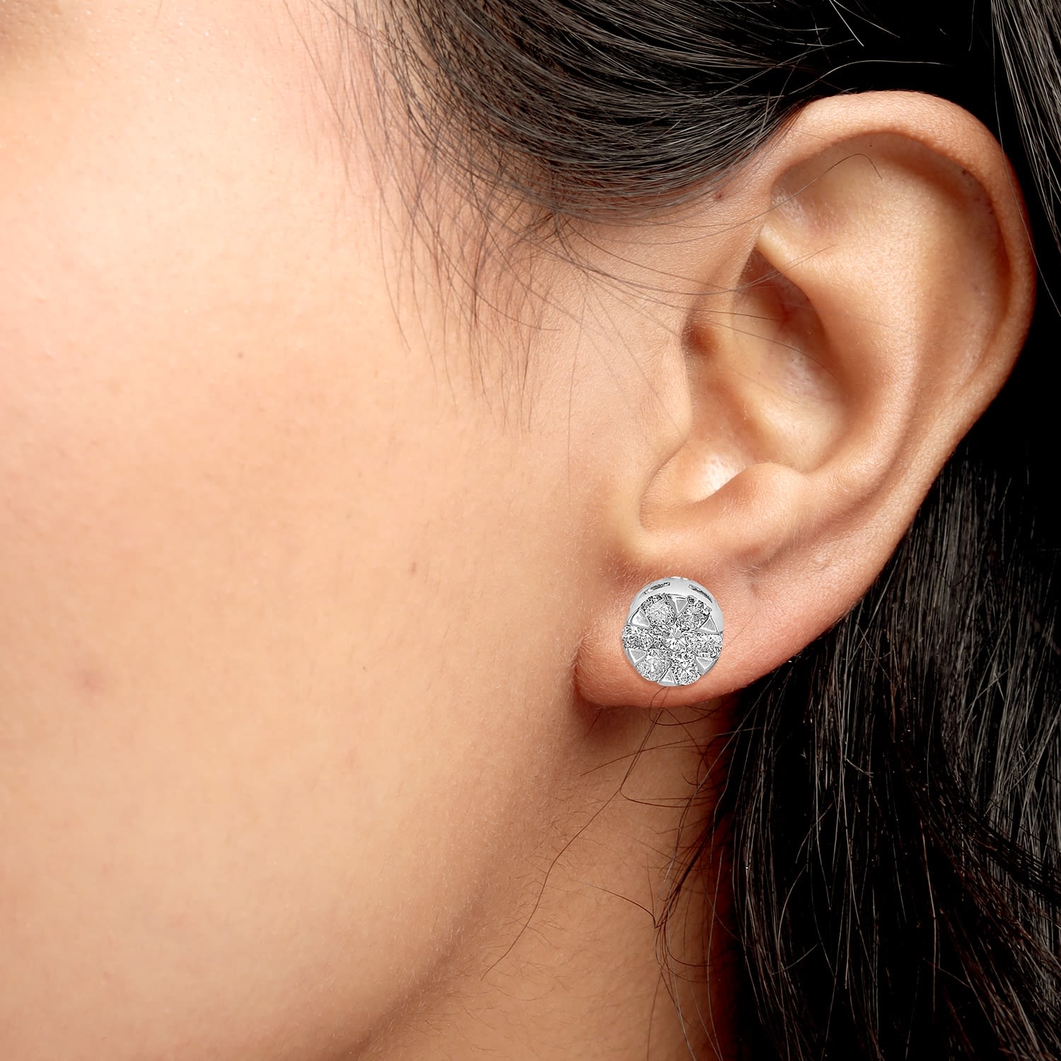 Floral Diamond Cluster Stud Earrings In 18K White Gold