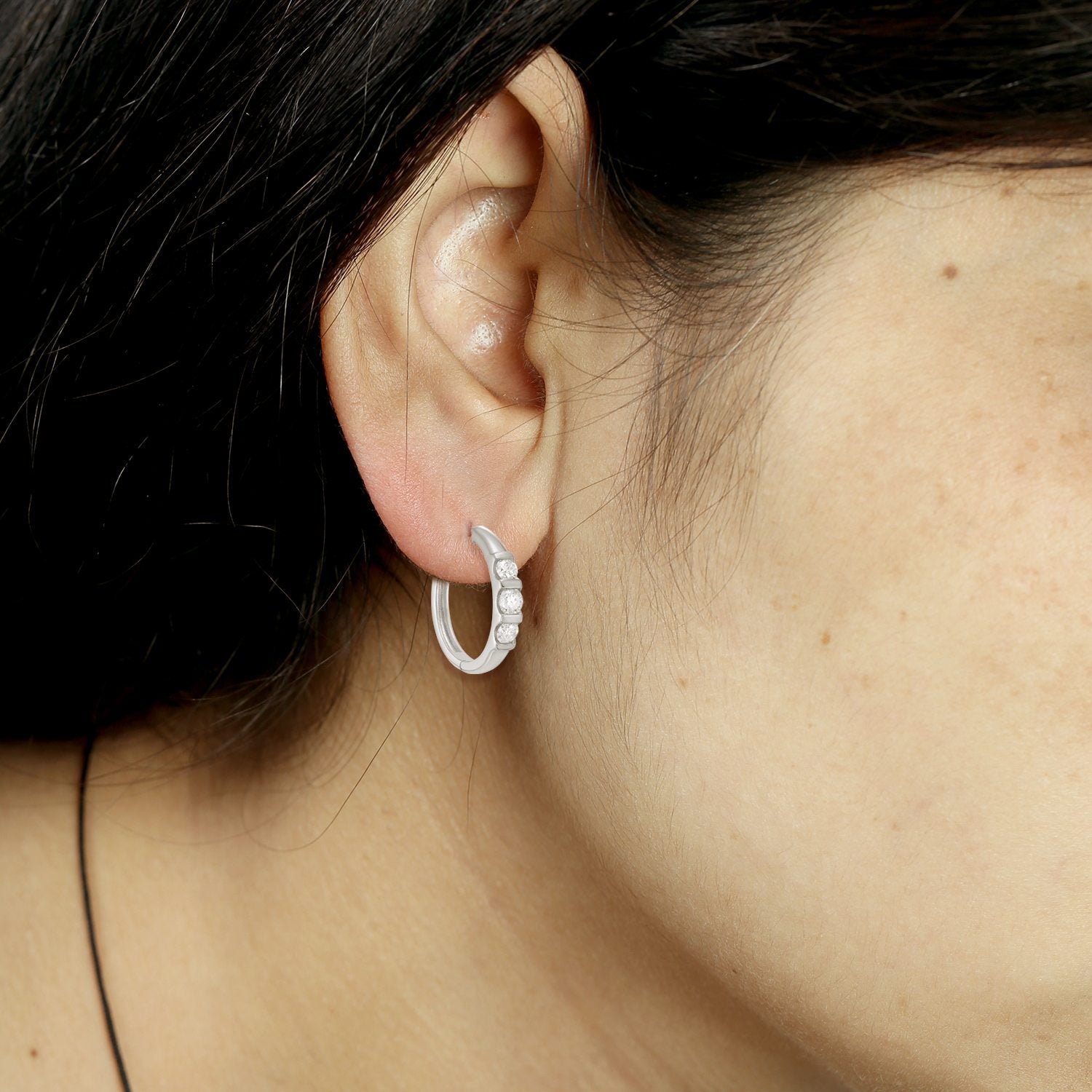 Natural Diamond Three Stone Hoop Earrings In White Gold