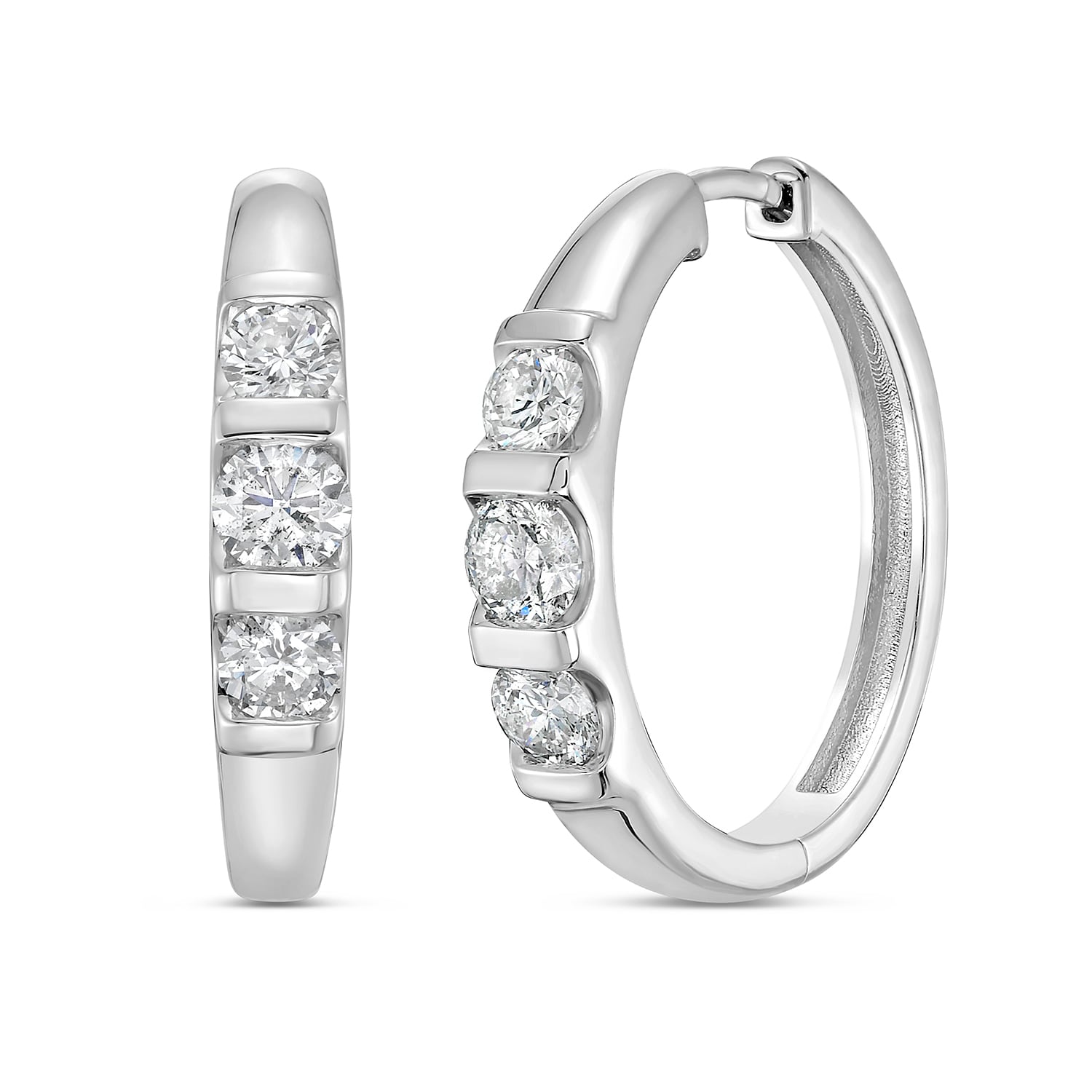 Natural Diamond Three Stone Hoop Earrings In White Gold
