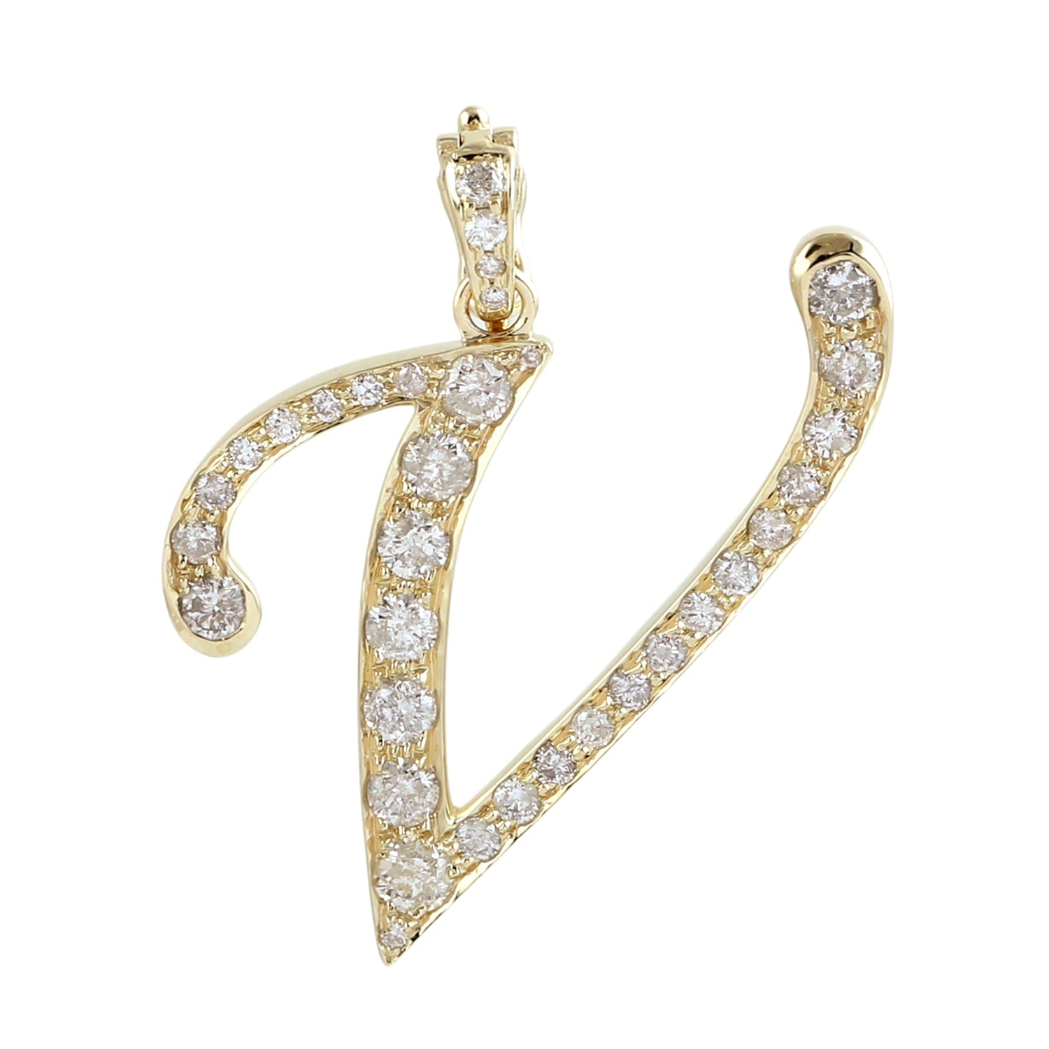 Natural Diamond "V" Initial Alphabet Pendant In Yellow Gold