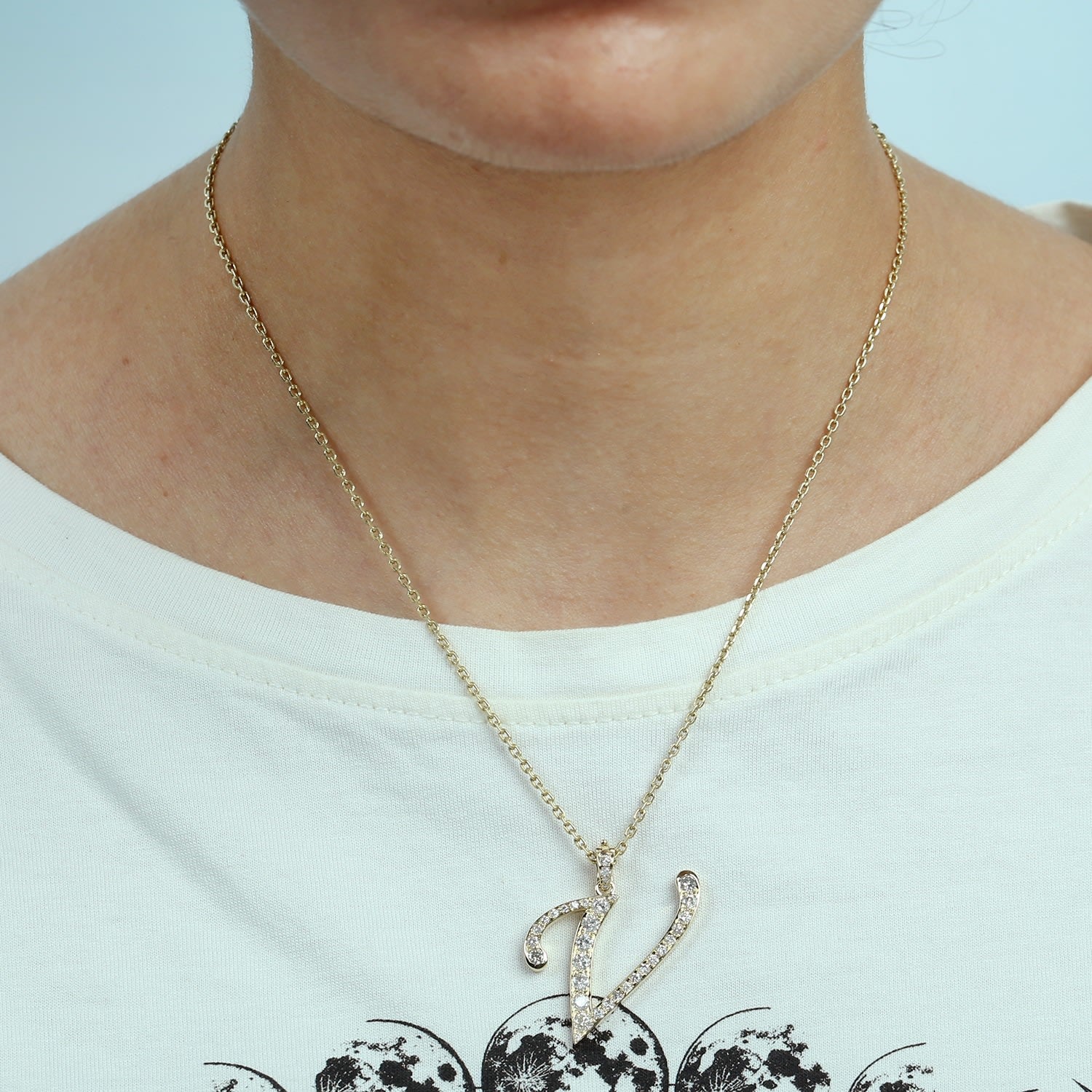 Natural Diamond "V" Initial Alphabet Pendant In Yellow Gold