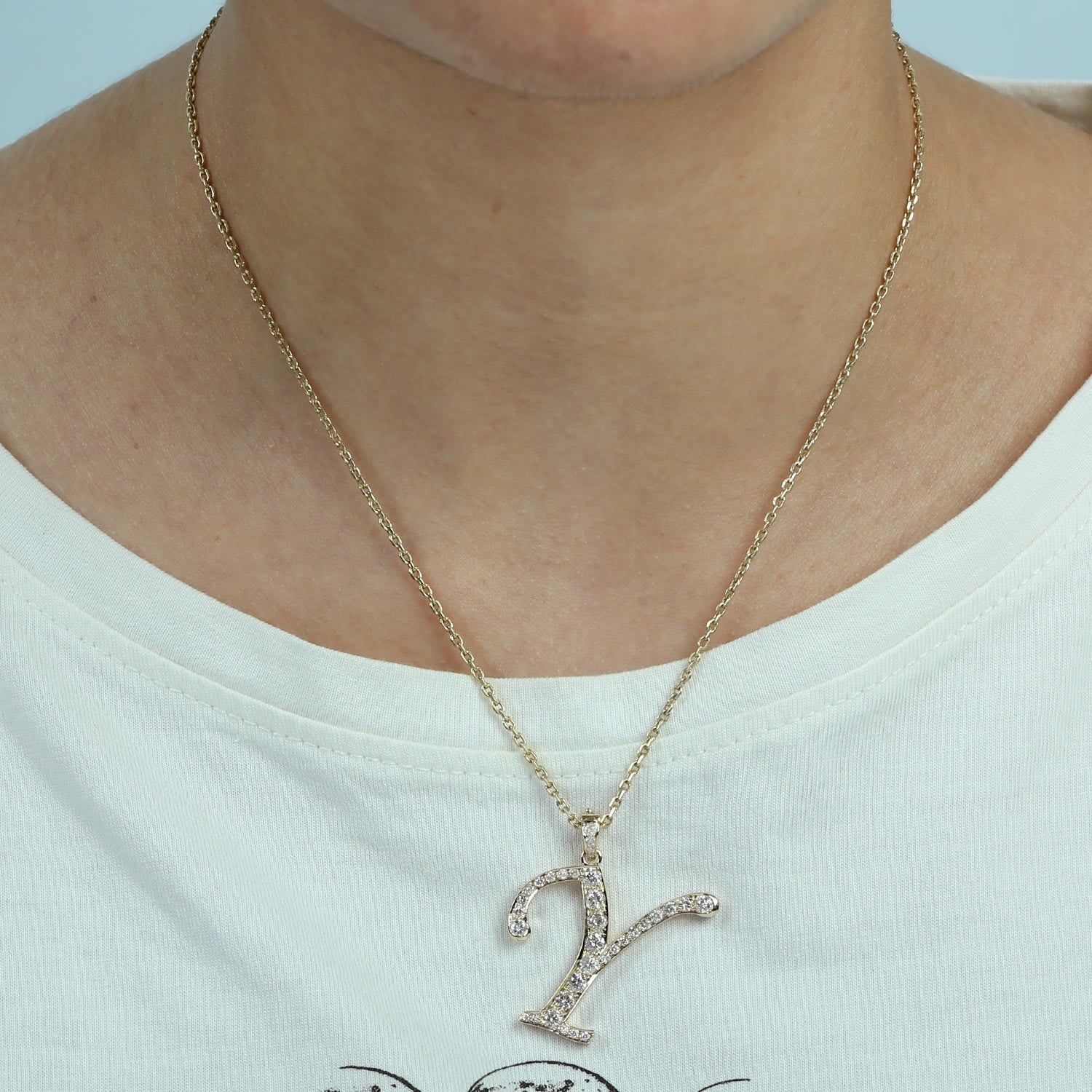 Natural Diamond "Y" Initial Alphabet Pendant In Yellow Gold