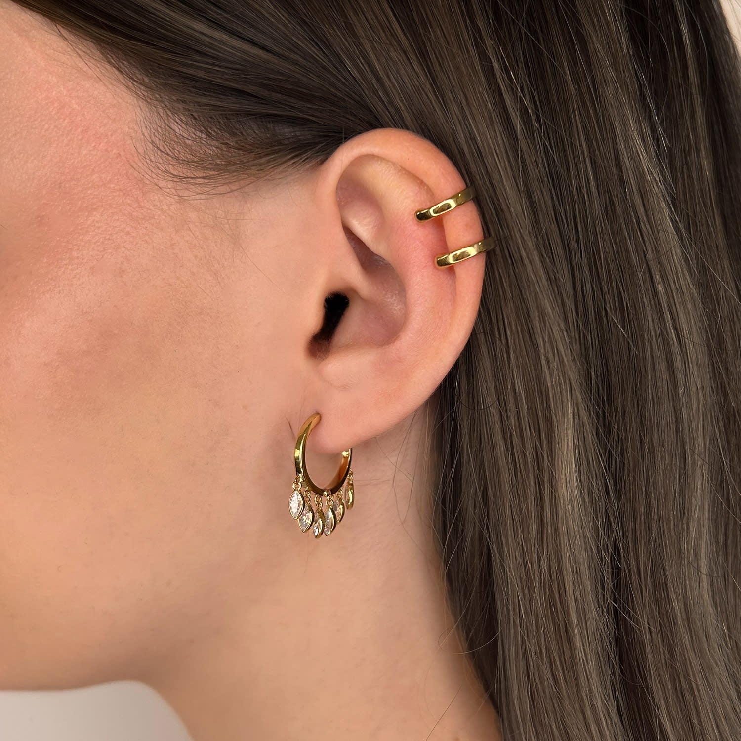 Natural Drop Huggie Earrings With Man Made Cz Diamond Stimulant In Sterling Silver & 18K Gold Vermeil