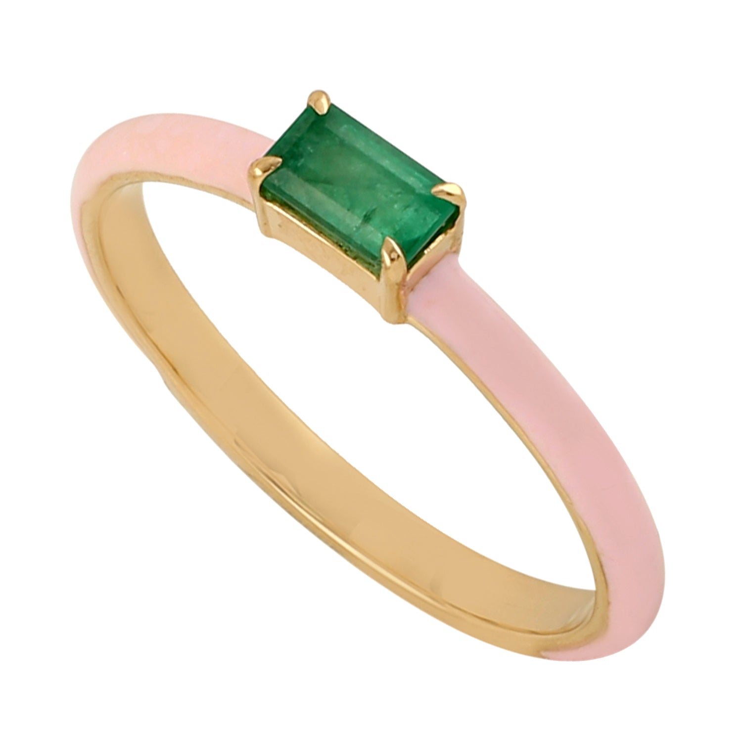 Natural Emerald Baguette Gemstone 14k White Gold Solitaire Enamel Ring