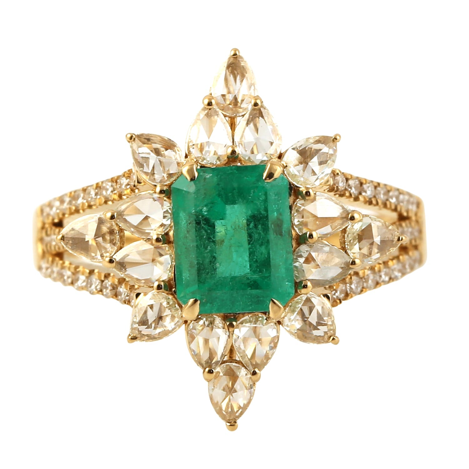 Natural Emerald & Rose Cut Diamond Cocktail Ring In 18K Yellow Gold