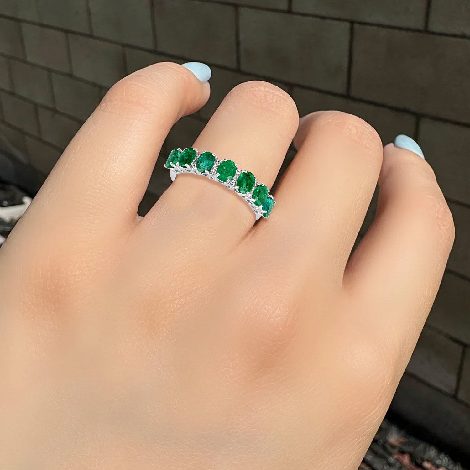 Natural Emerald & Diamond Eternity Band Ring In White Gold