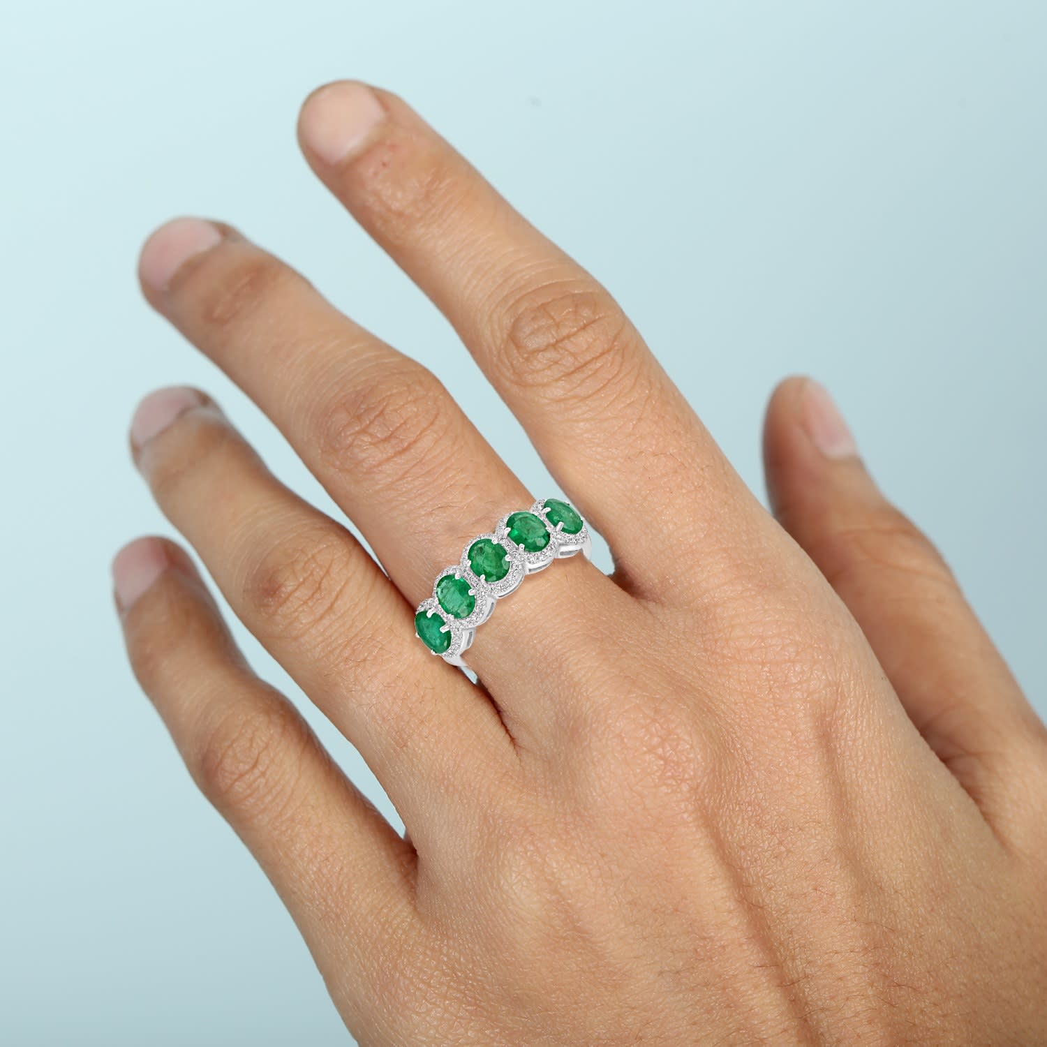Natural Emerald & Diamond Five Stone Band Ring In White Gold