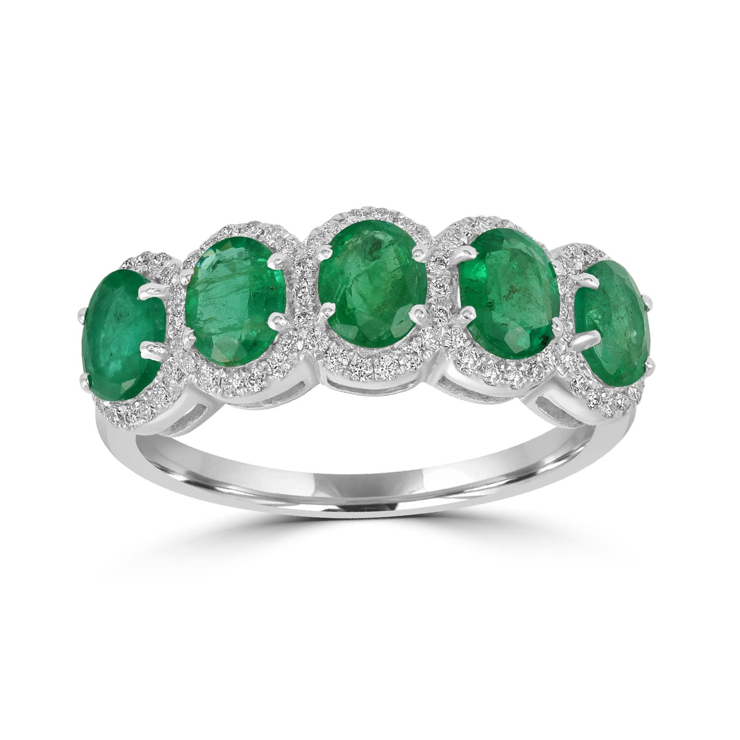 Natural Emerald & Diamond Five Stone Band Ring In White Gold