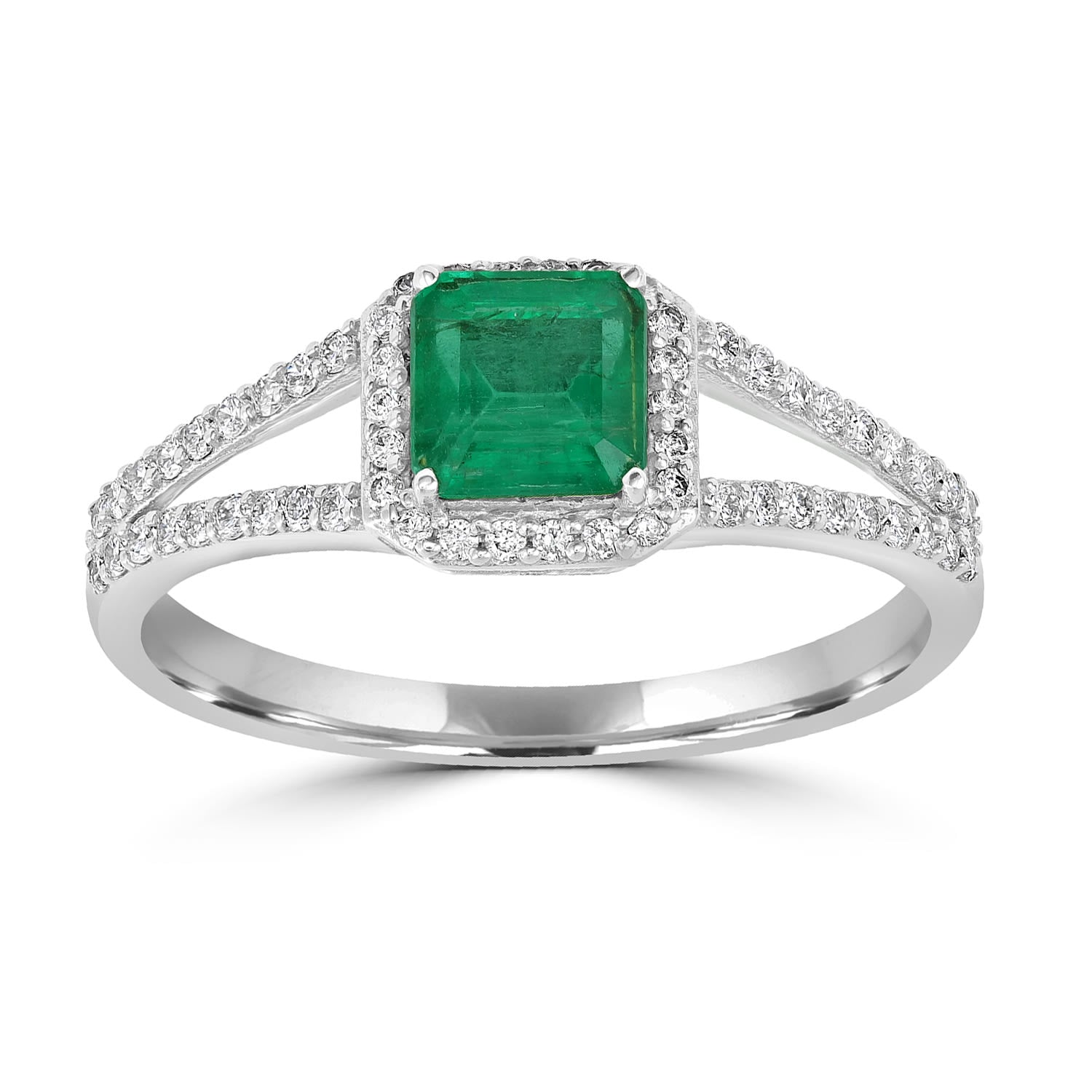 Natural Emerald & Diamond Square Band Ring In White Gold