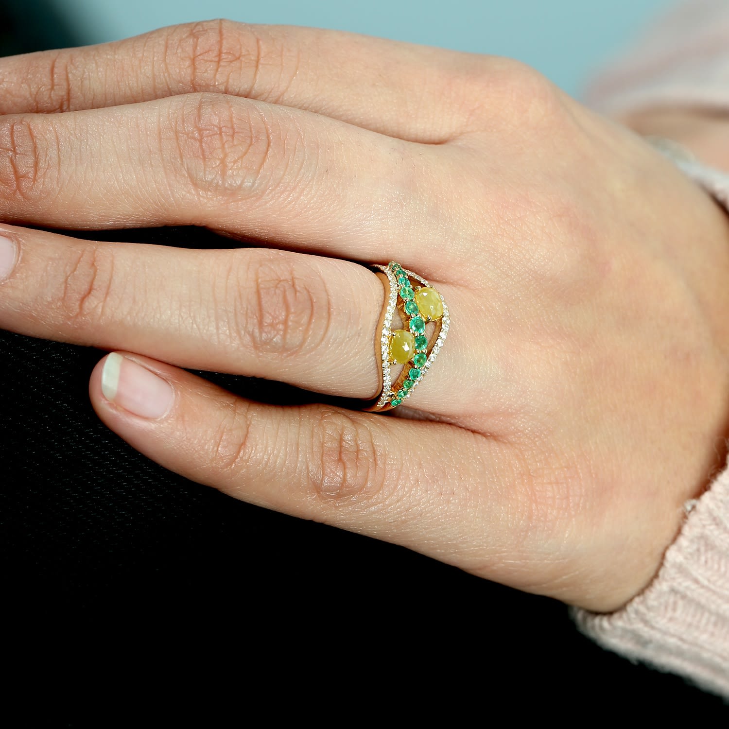 Natural Emerald & Ice Diamond Pave Diamond Band Ring In Gold